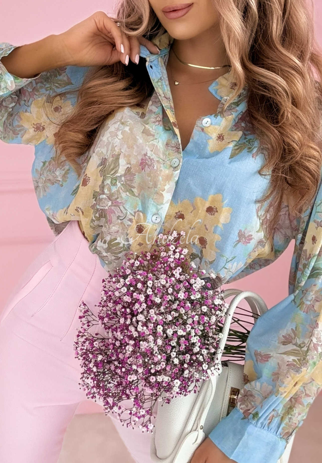 Bawełniana koszula w kwiaty ze stójką Flower Blossoms błękitno-żółta