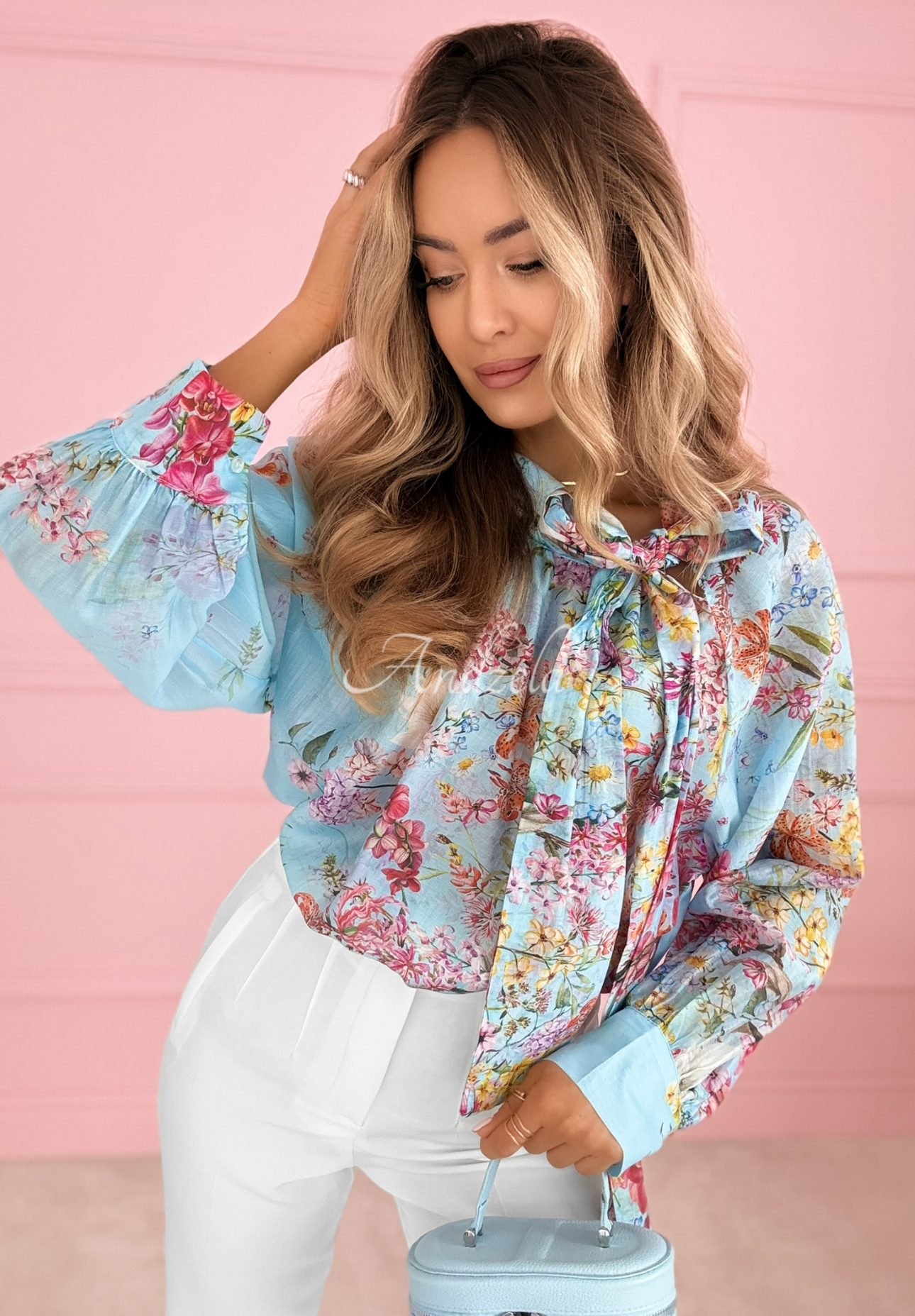 Marielle floral blouse with tie, sky blue
