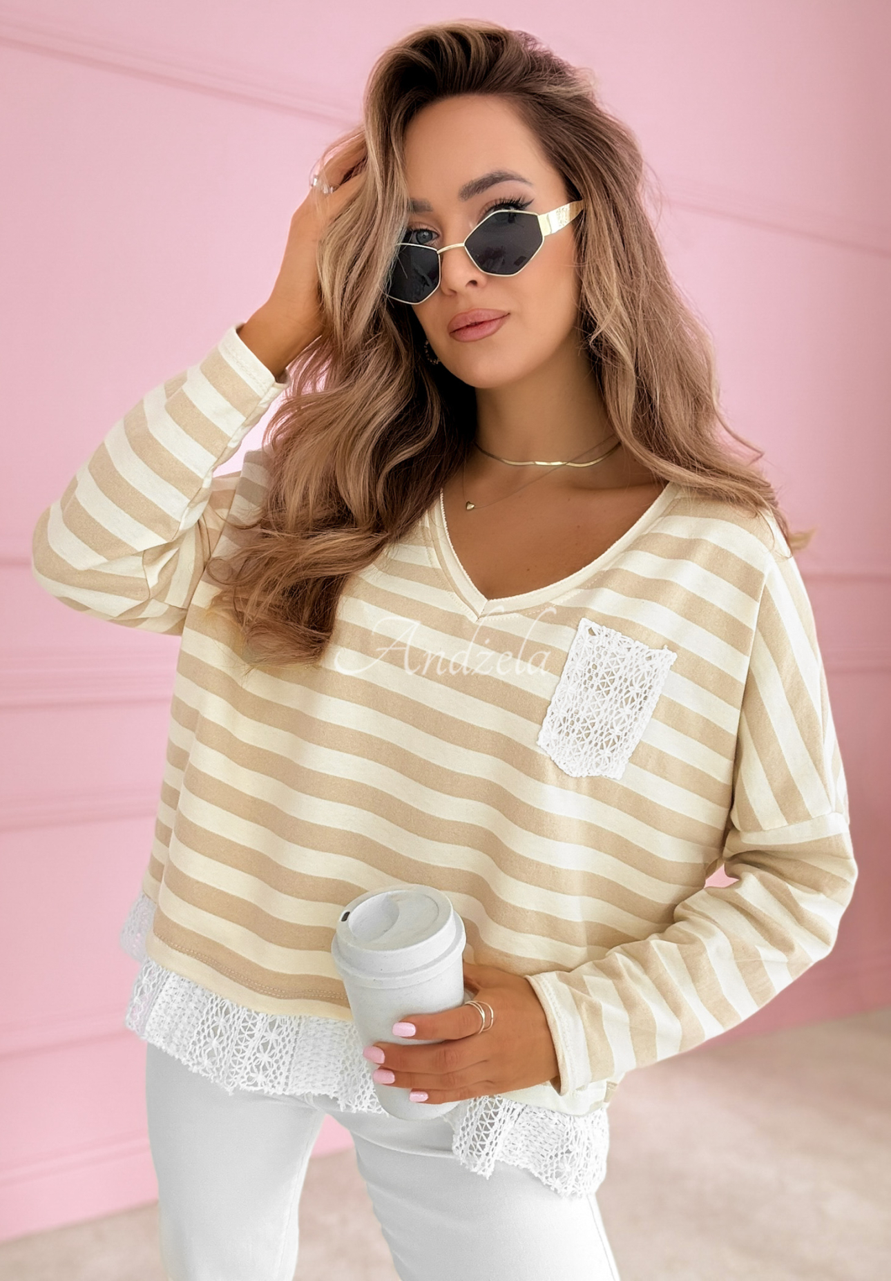 Cotton striped blouse with lace Leonor beige