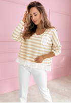 Sweter w paski z koronką Leonor biało-błękitny