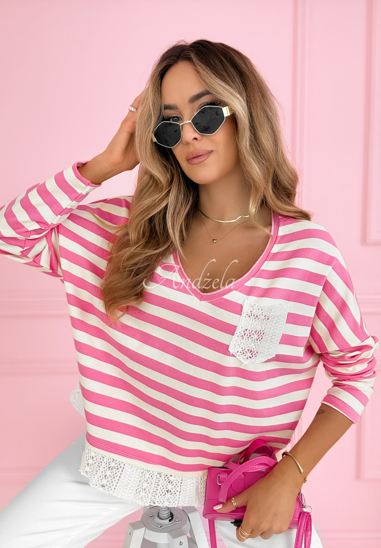 Cotton striped blouse with lace Leonor pink