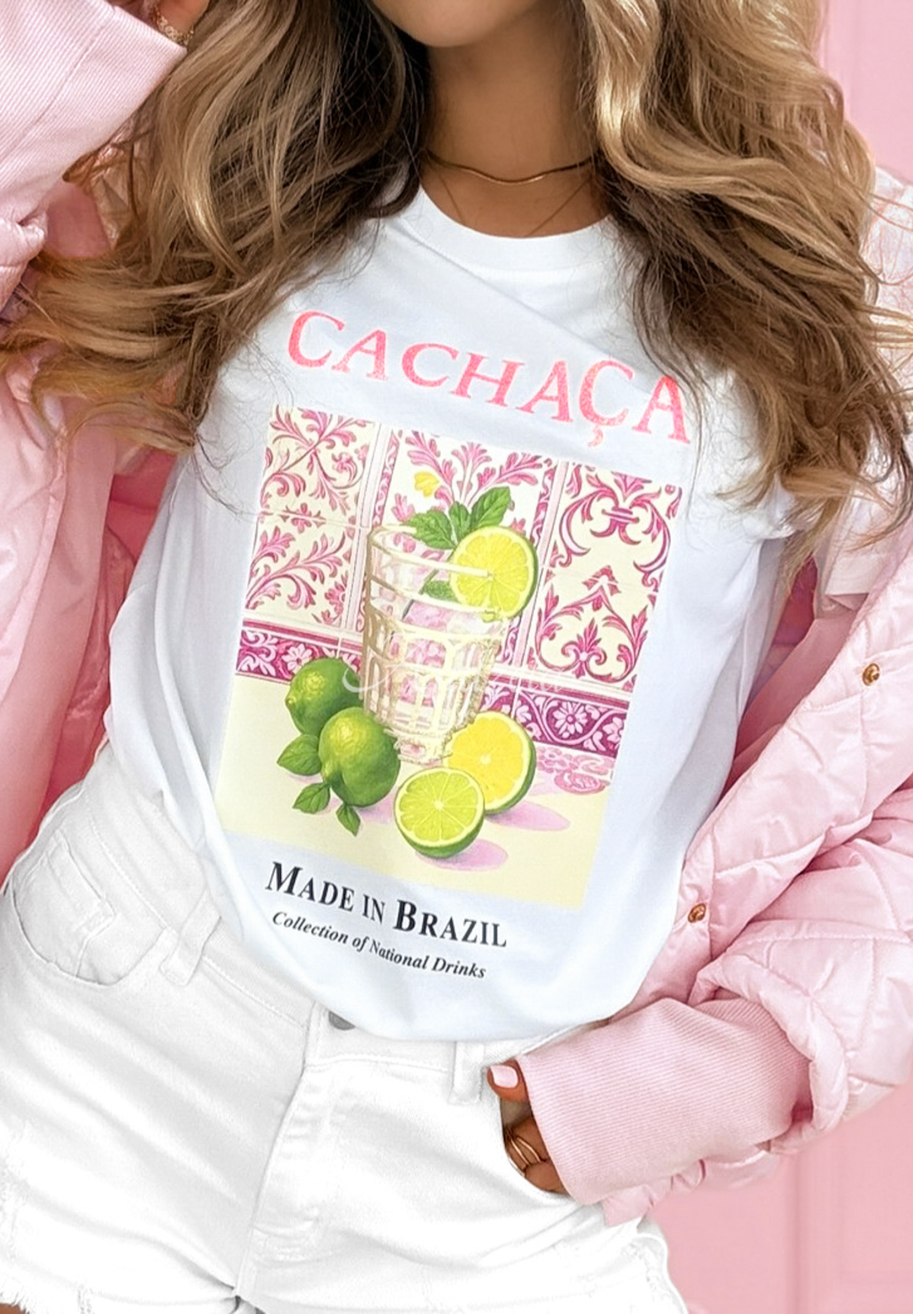 Bawełniany t-shirt z nadrukiem Cachaca Lemon biało-różowy