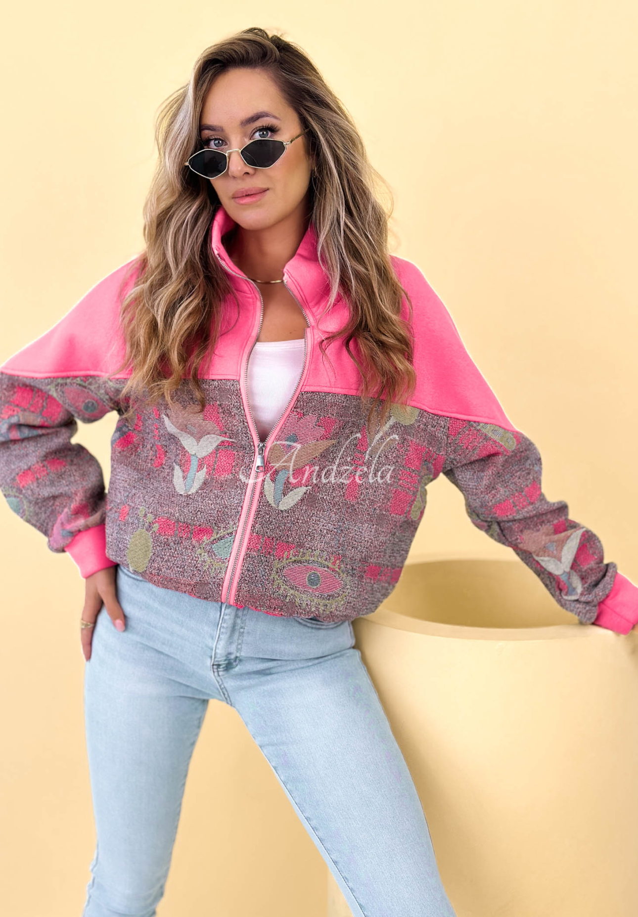 Cotton sweatshirt with stand-up collar, Alice pattern, pink