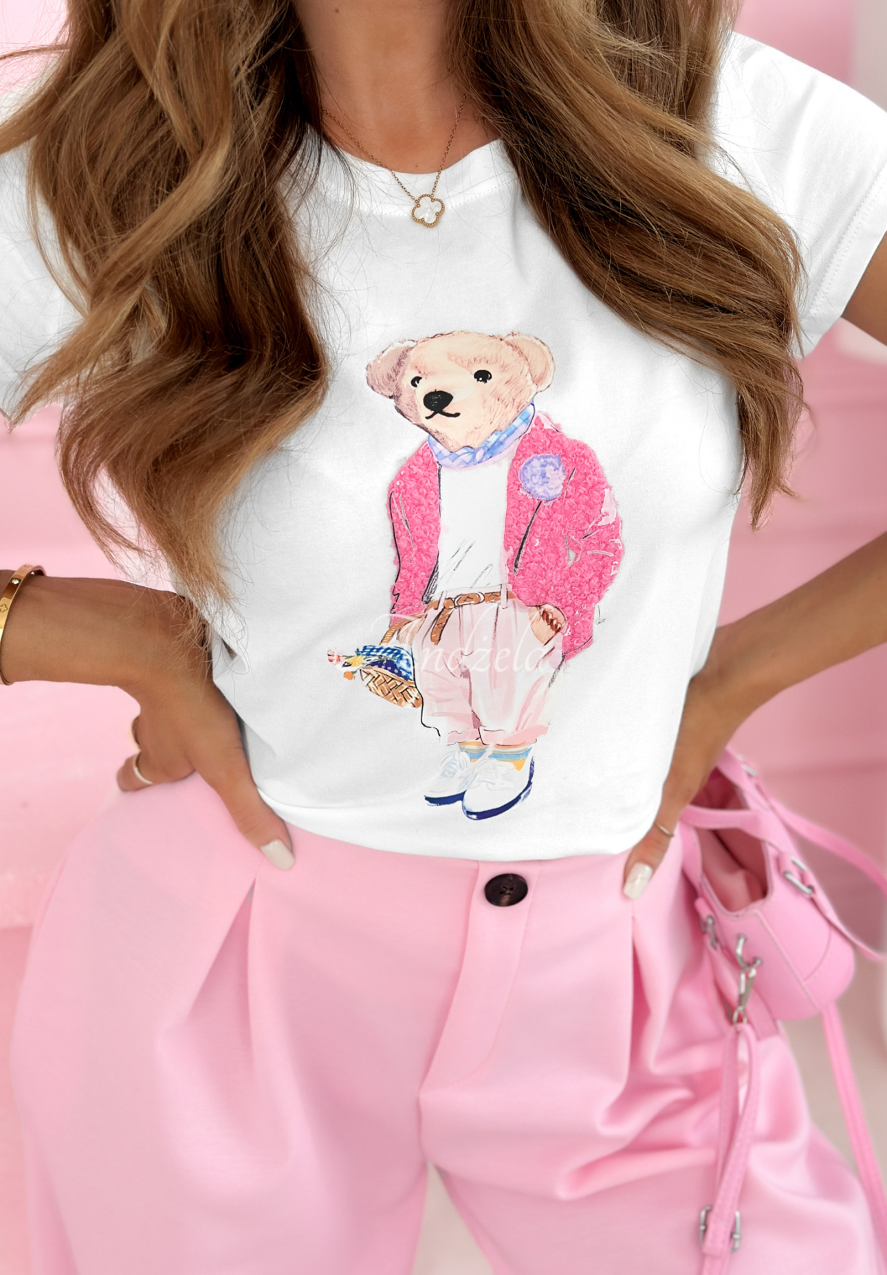 Cotton T-shirt with Teddy's Choice bear, white and pink