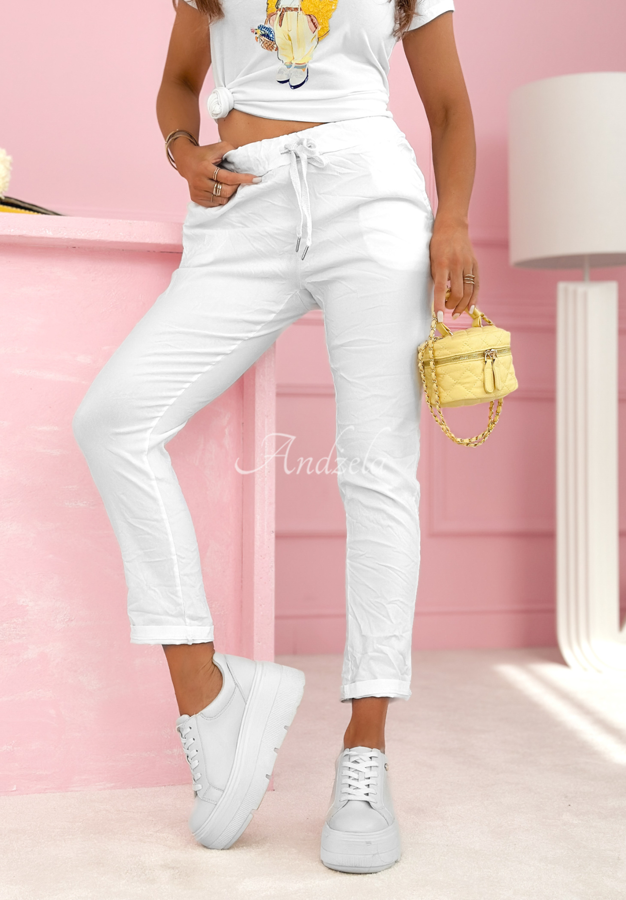 Materiałowe spodnie z wiskozy Archie białe