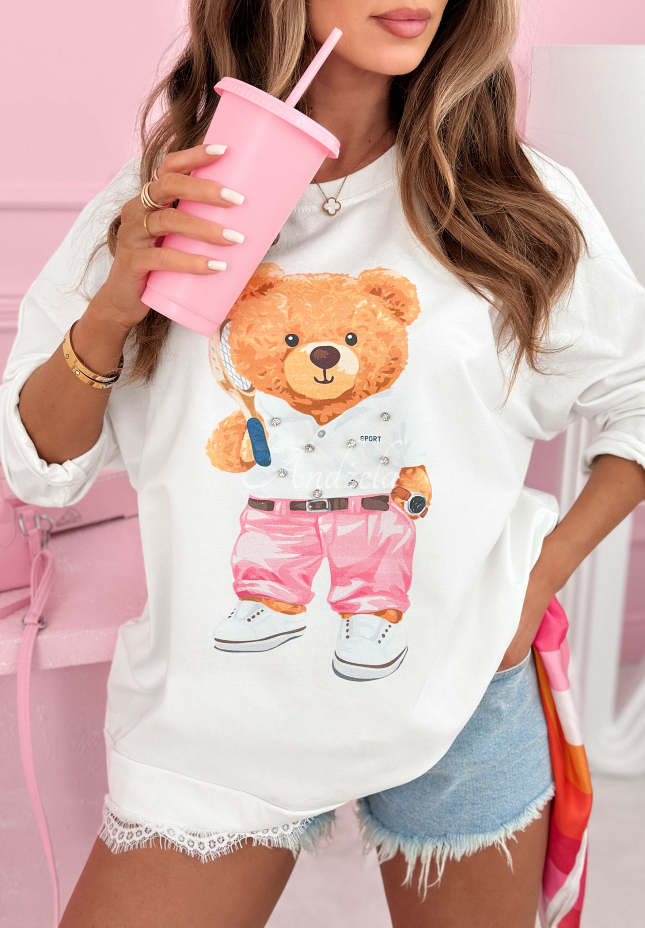 Bawełniana bluza z nadrukiem i koronką Tennis Teddy ecru