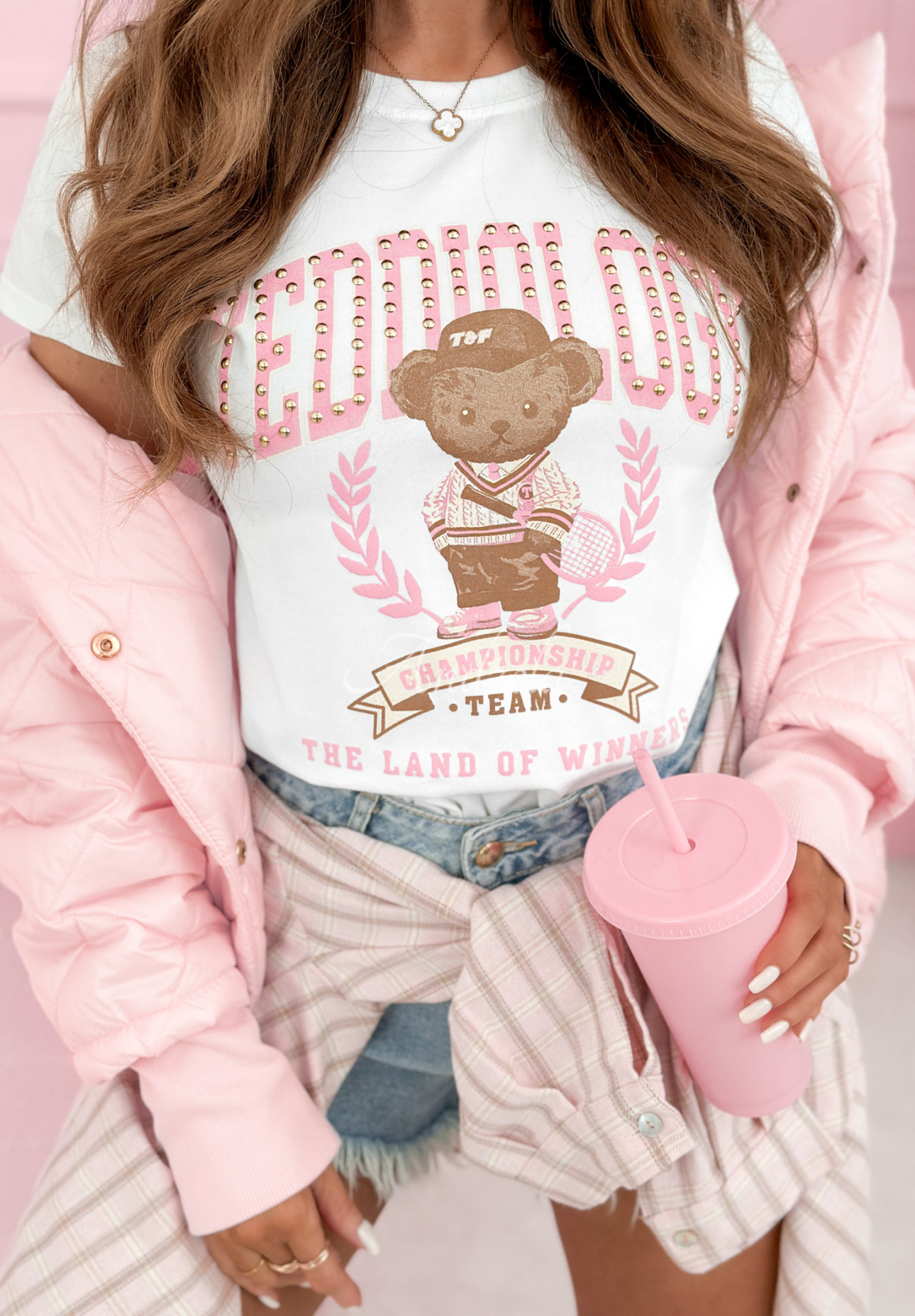 Bawełniany t-shirt z nadrukiem Teddiology biało-różowy