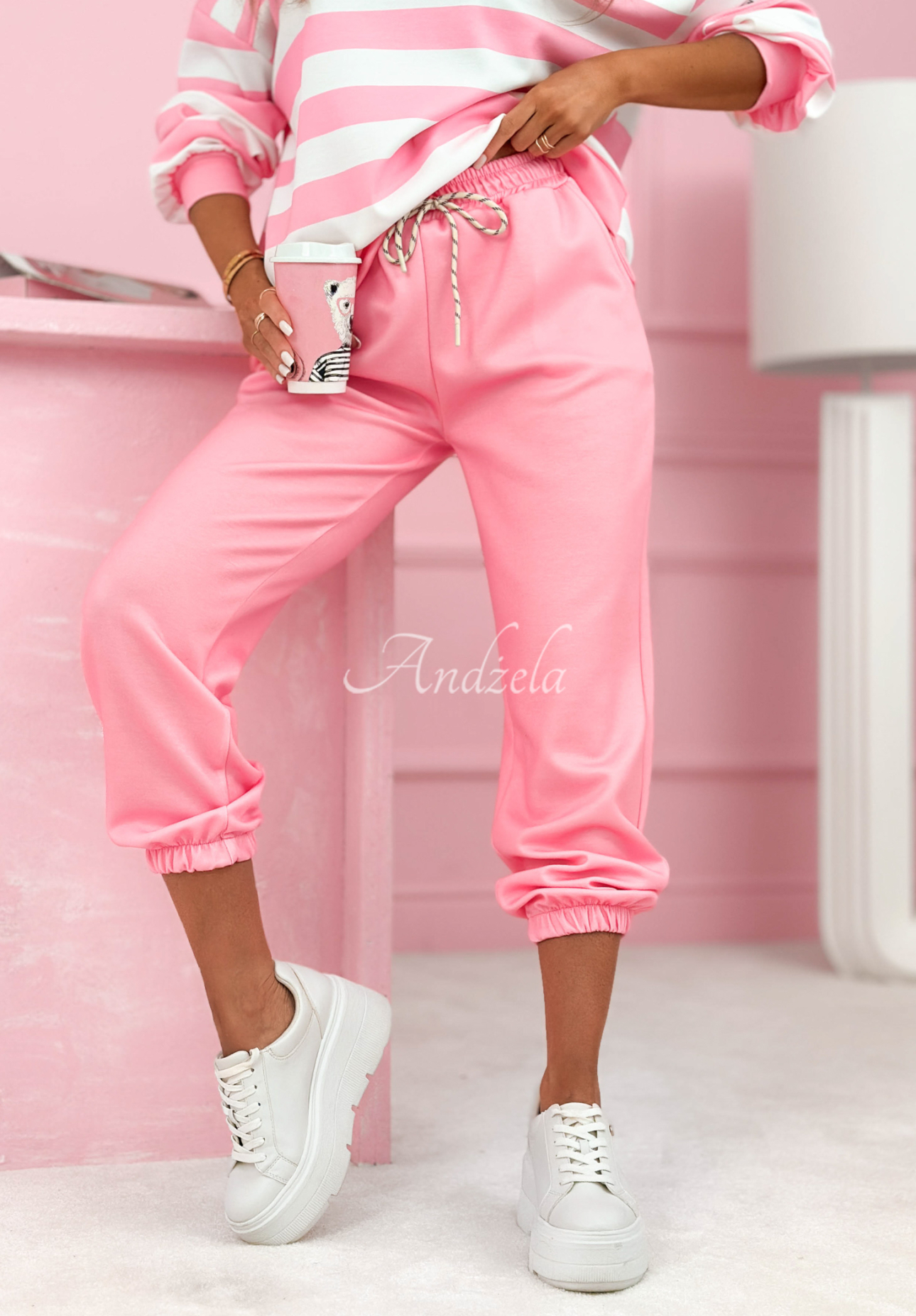 Nerea pink and white striped viscose tracksuit set