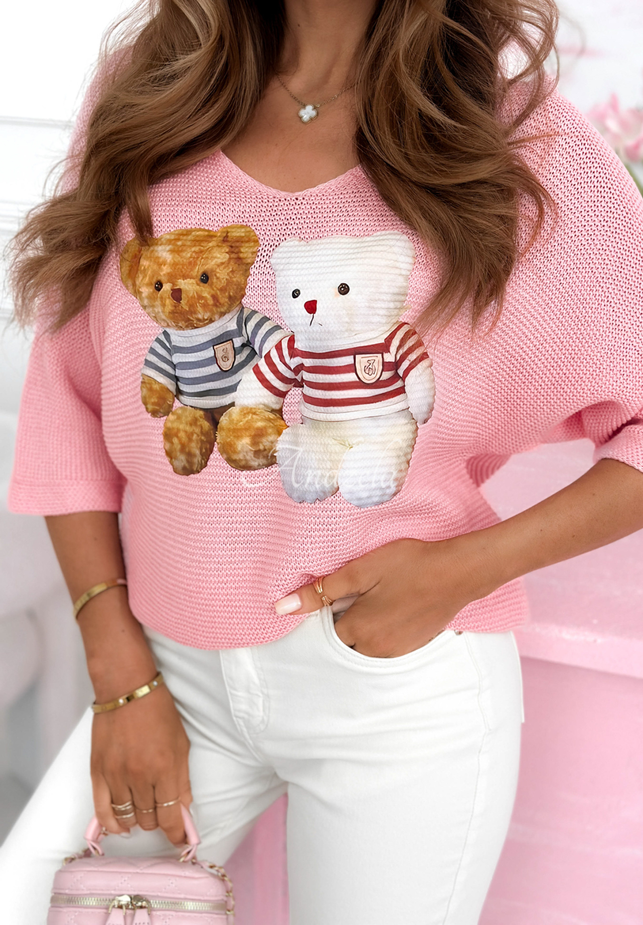 Lekki sweter z bawełny z misiami Bearry Cute różowy