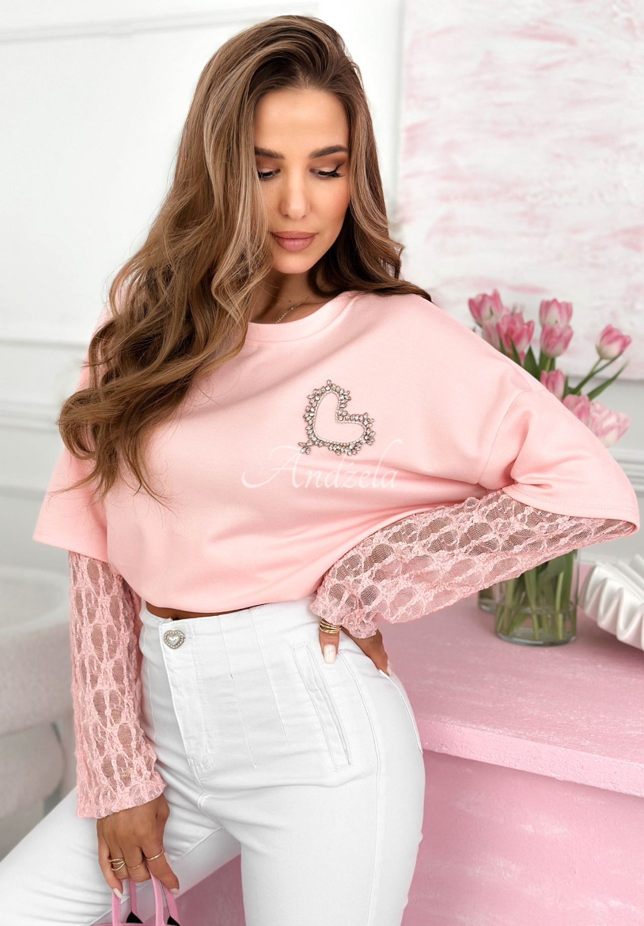 Viscose sweatshirt with lace sleeves and Addison heart, pink