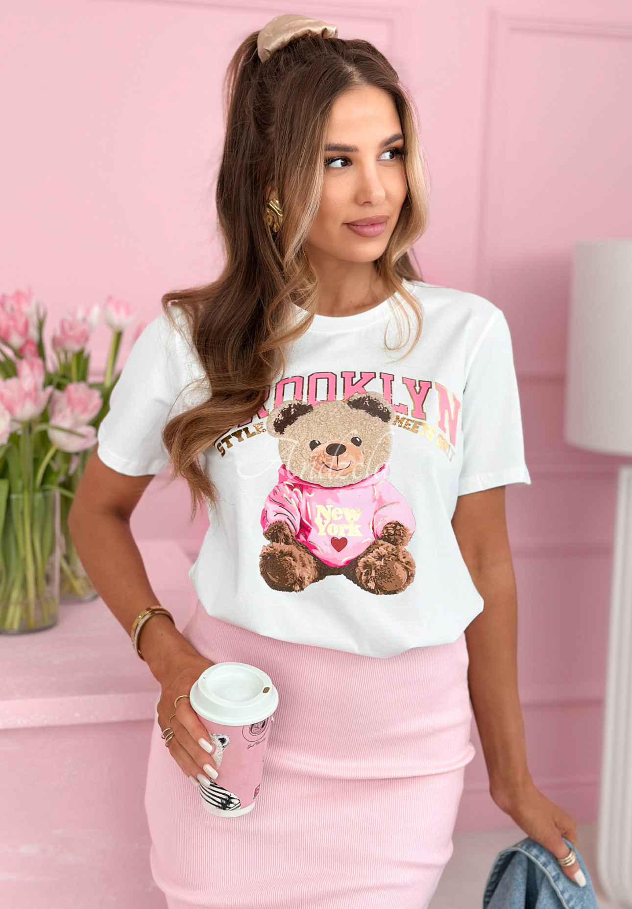 Bawełniany t-shirt z nadrukiem Brooklyn Style biały