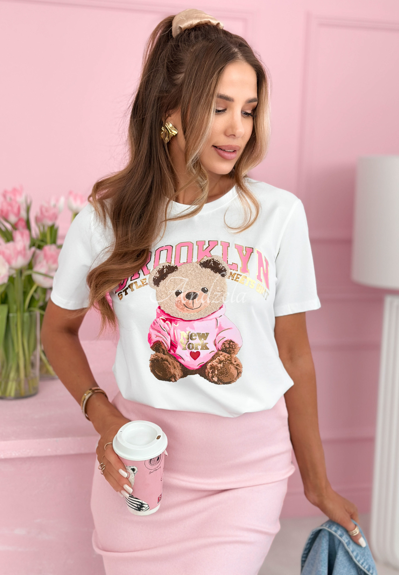 Bawełniany t-shirt z nadrukiem Brooklyn Style biały