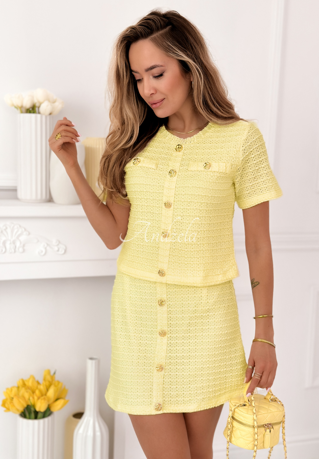 Anastasia yellow tweed blouse and mini skirt set