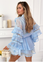 Zwiewny komplet koszula i spódniczka z falbankami Blooming Season błękitny