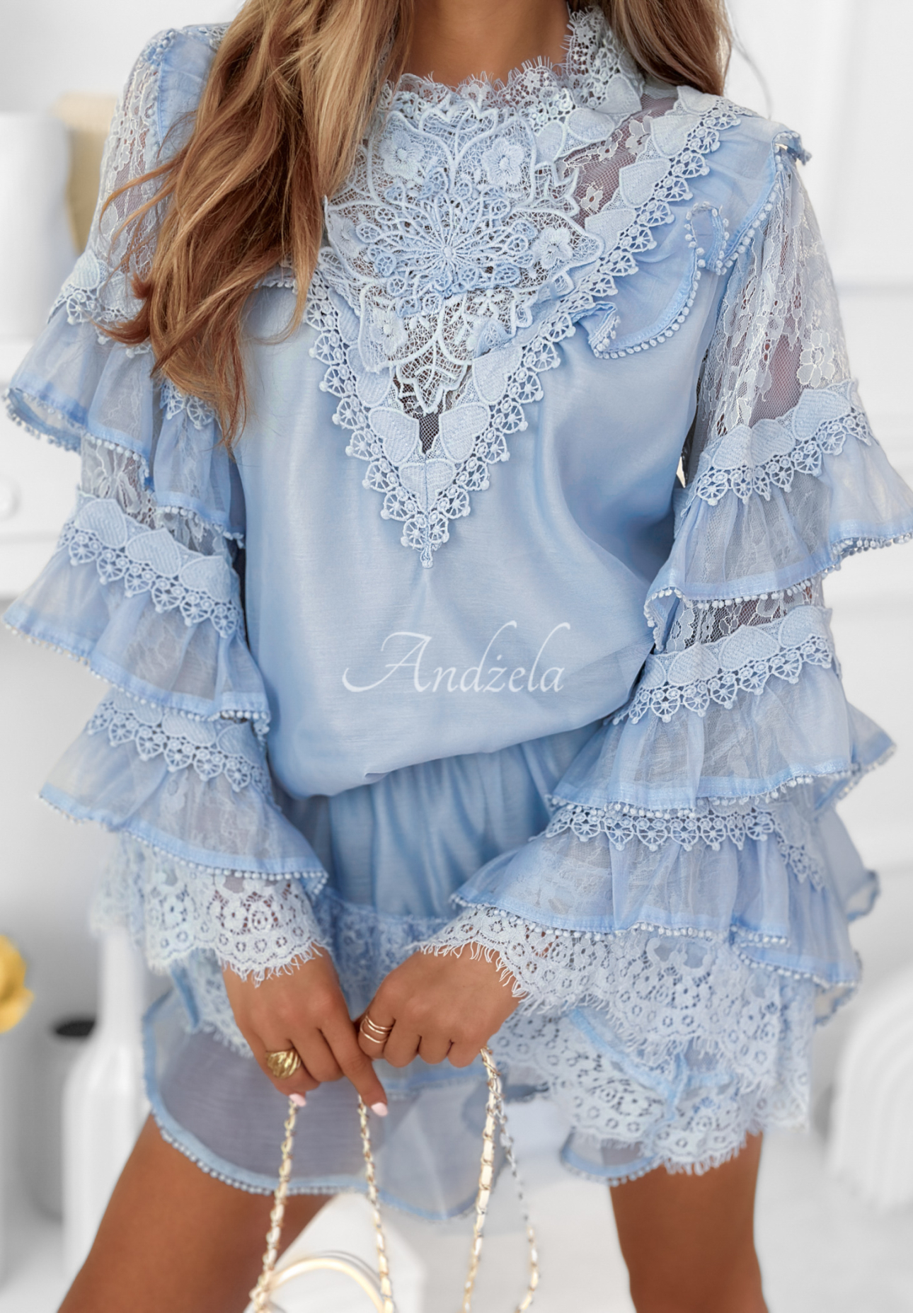 Blooming Season blue blouse and skirt-shorts set with frills