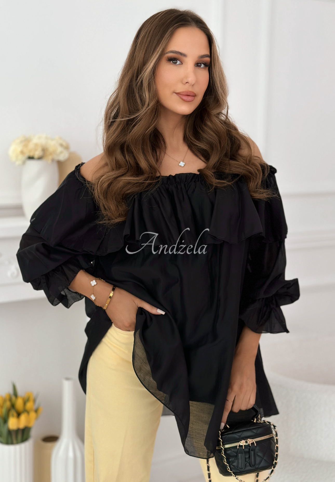 Arlena black silk off-the-shoulder blouse with frills
