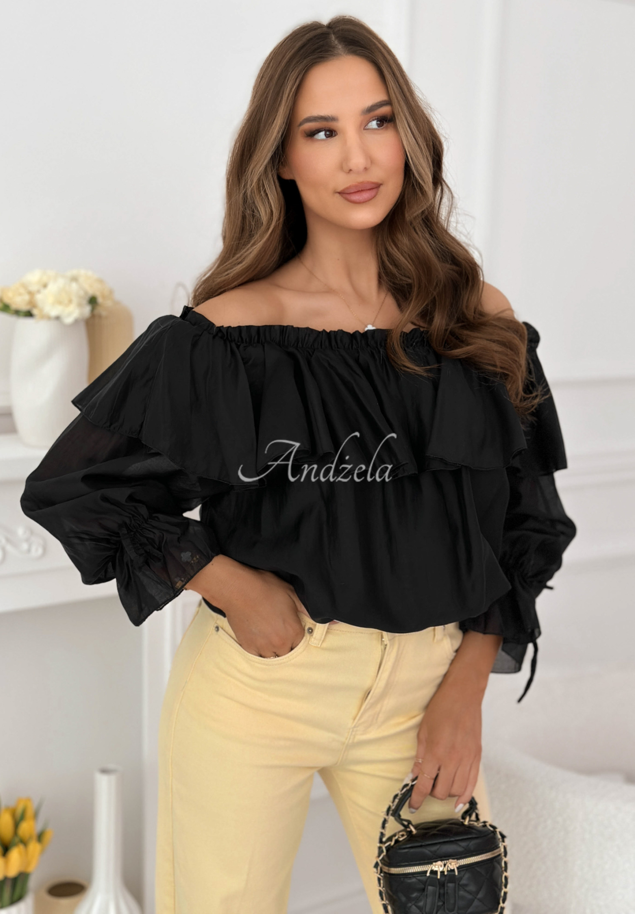 Arlena black silk off-the-shoulder blouse with frills
