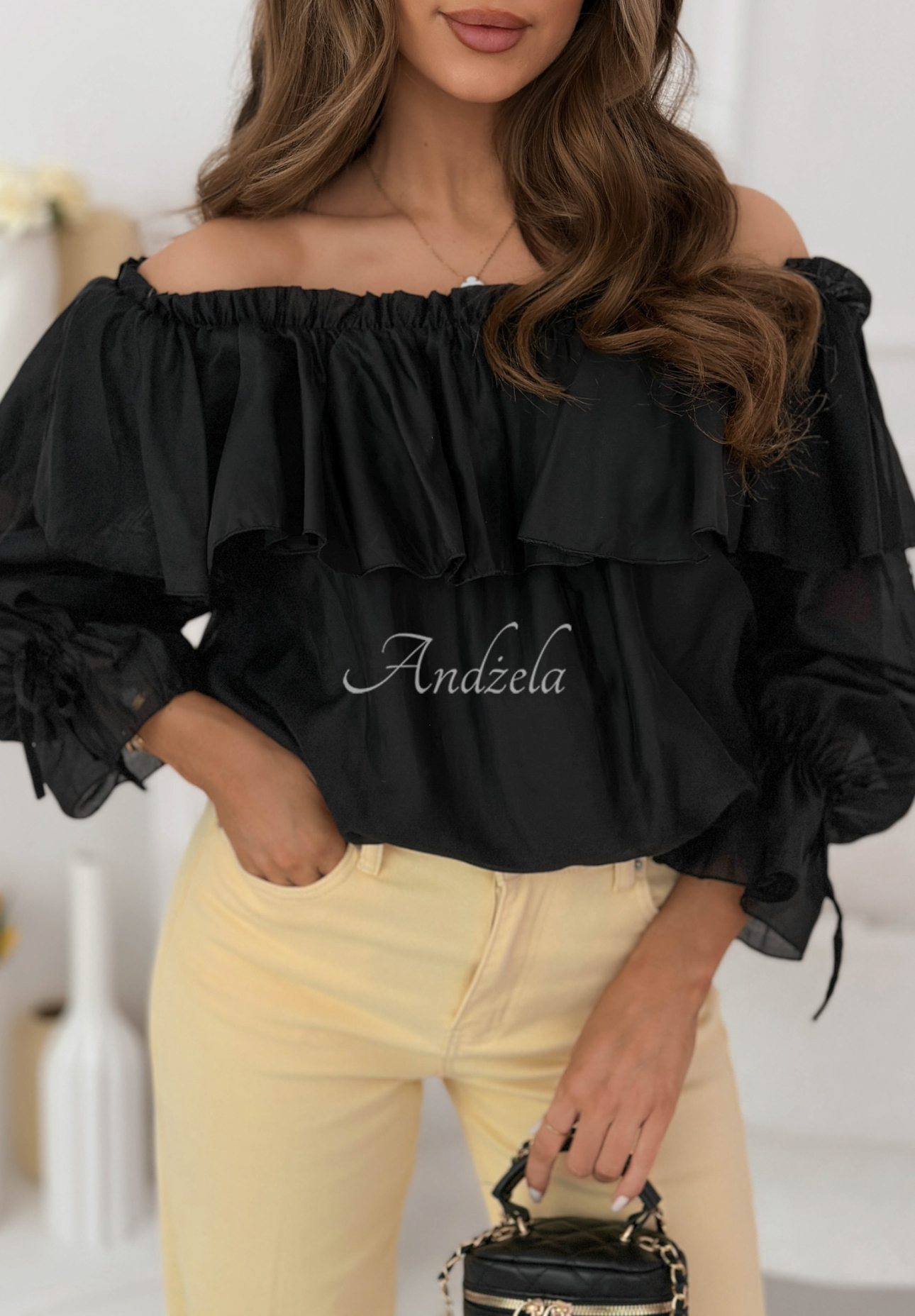 Arlena black silk off-the-shoulder blouse with frills