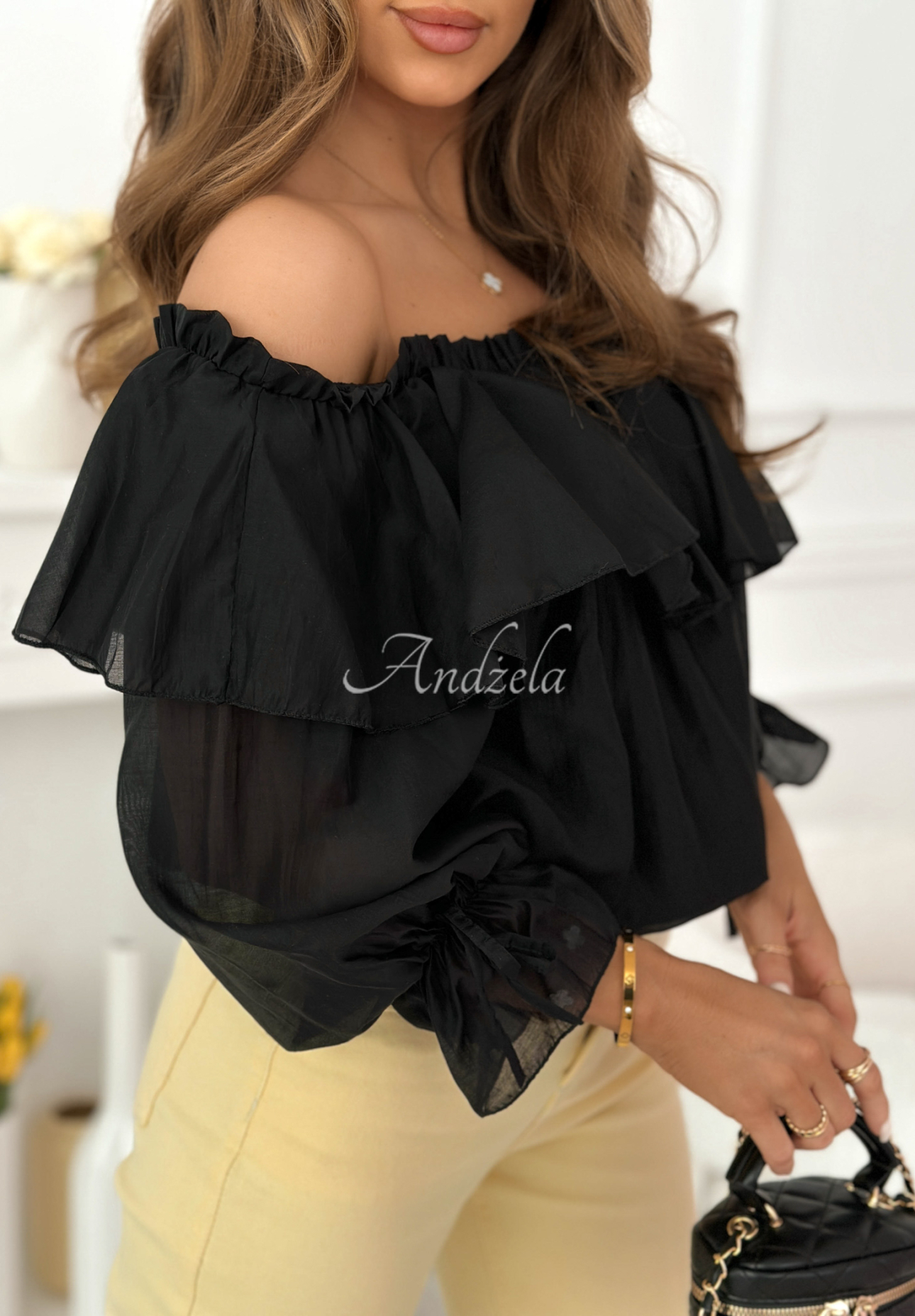 Arlena black silk off-the-shoulder blouse with frills