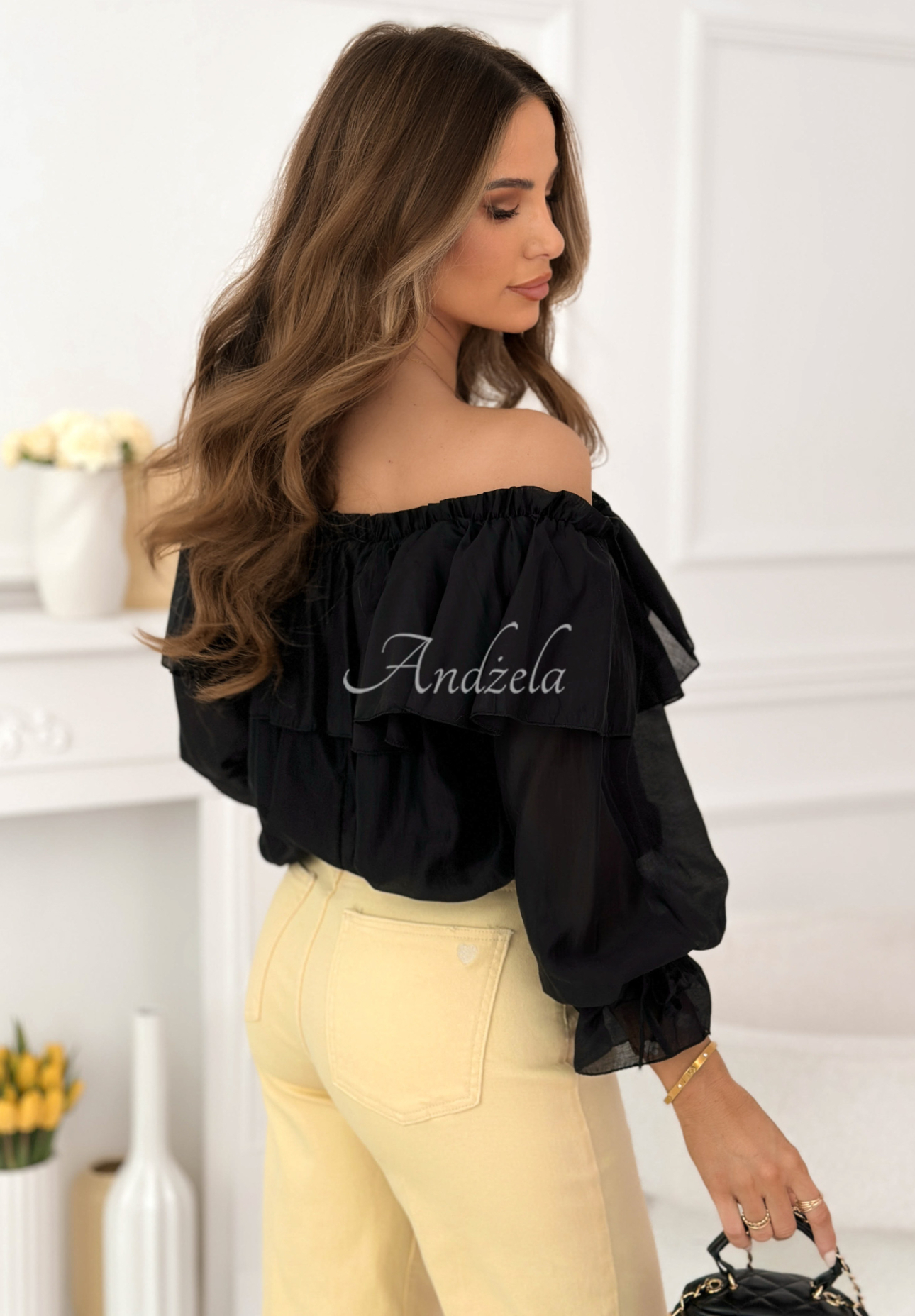 Arlena black silk off-the-shoulder blouse with frills