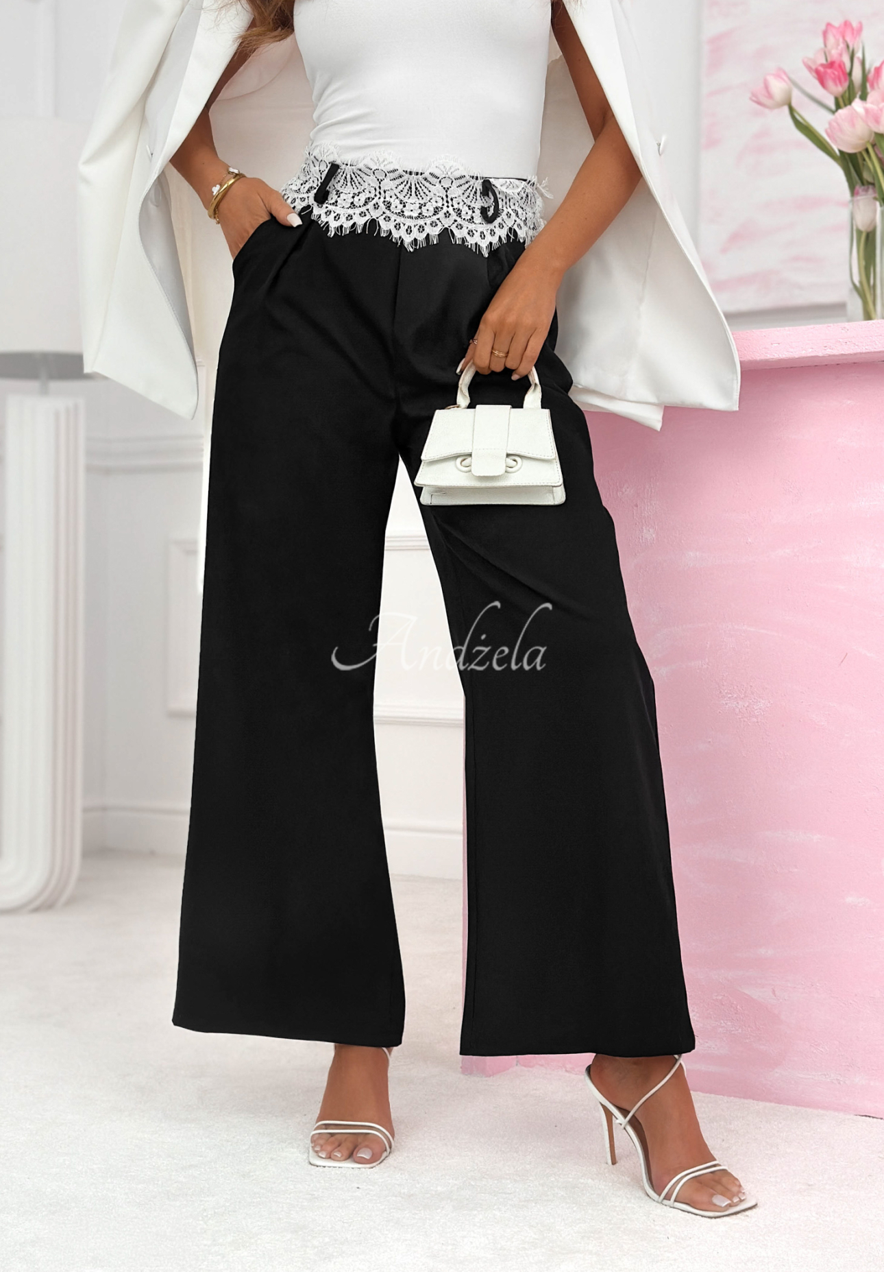 Melodine black wide-leg fabric pants with lace