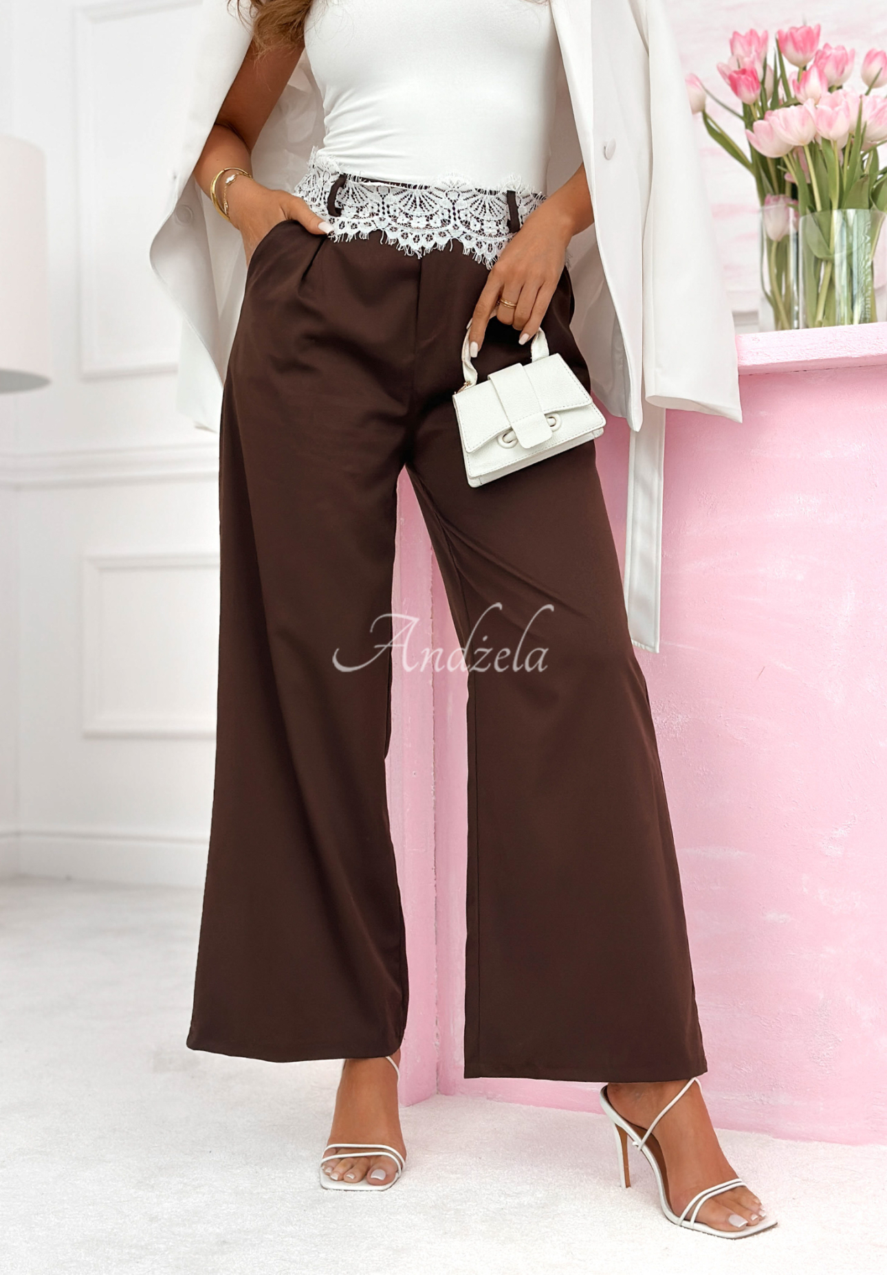 Melodine chocolate wide-leg fabric pants with lace