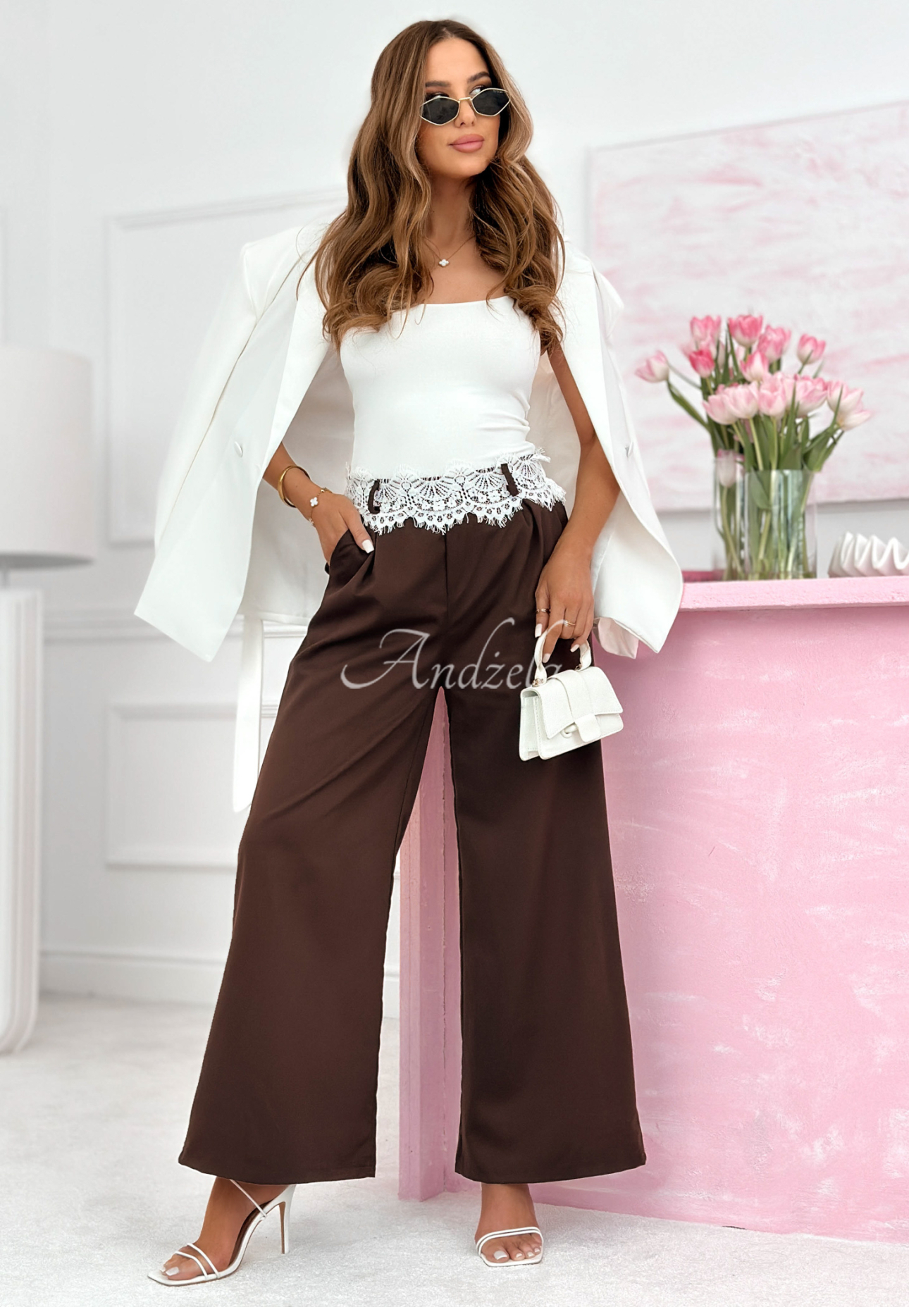 Melodine chocolate wide-leg fabric pants with lace