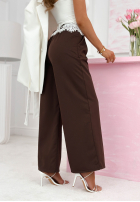 Materiałowe spodnie wide leg z koronką Melodine czekoladowe