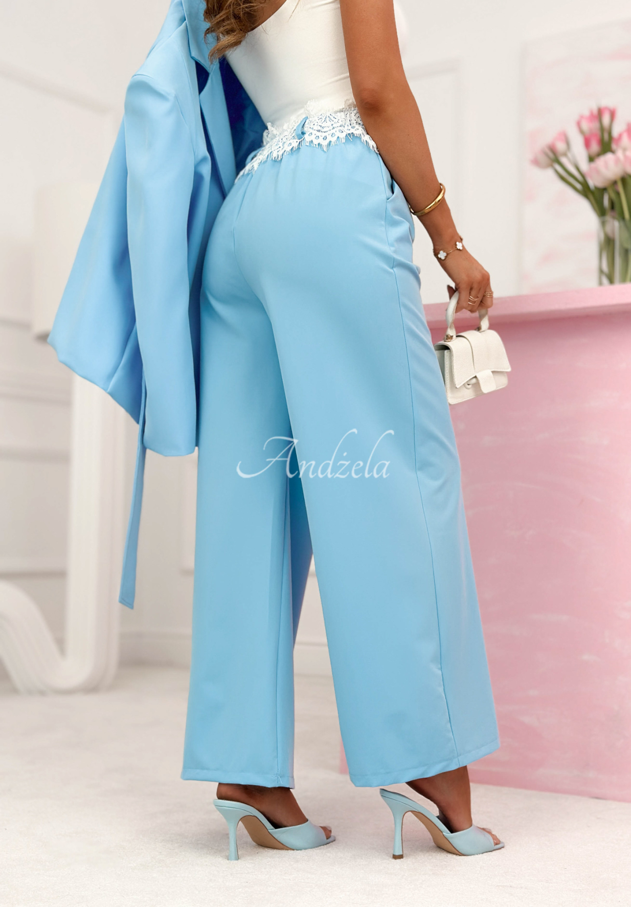 Melodine sky blue wide-leg fabric pants with lace