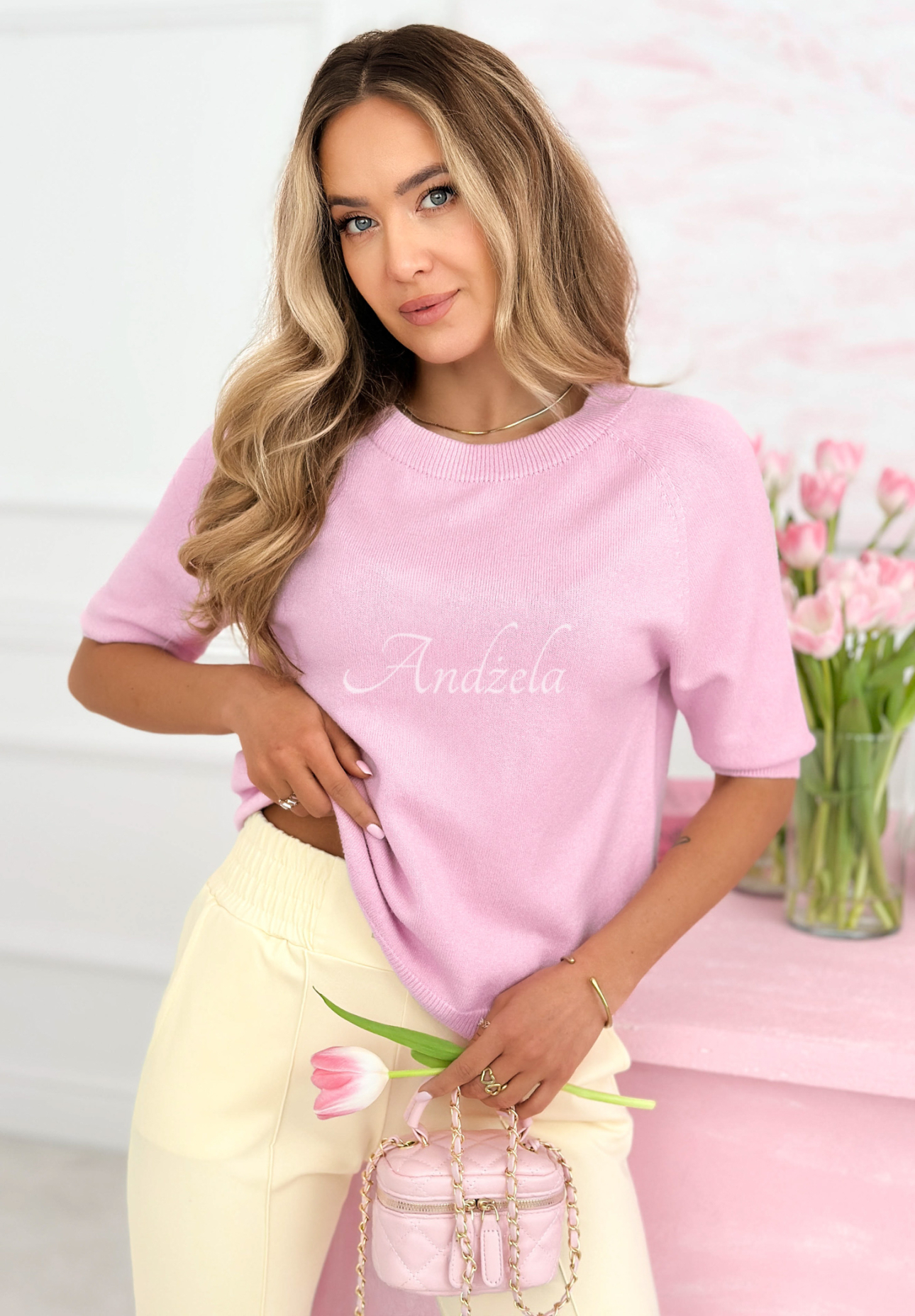Lightweight viscose short-sleeved sweater Better With You powder pink