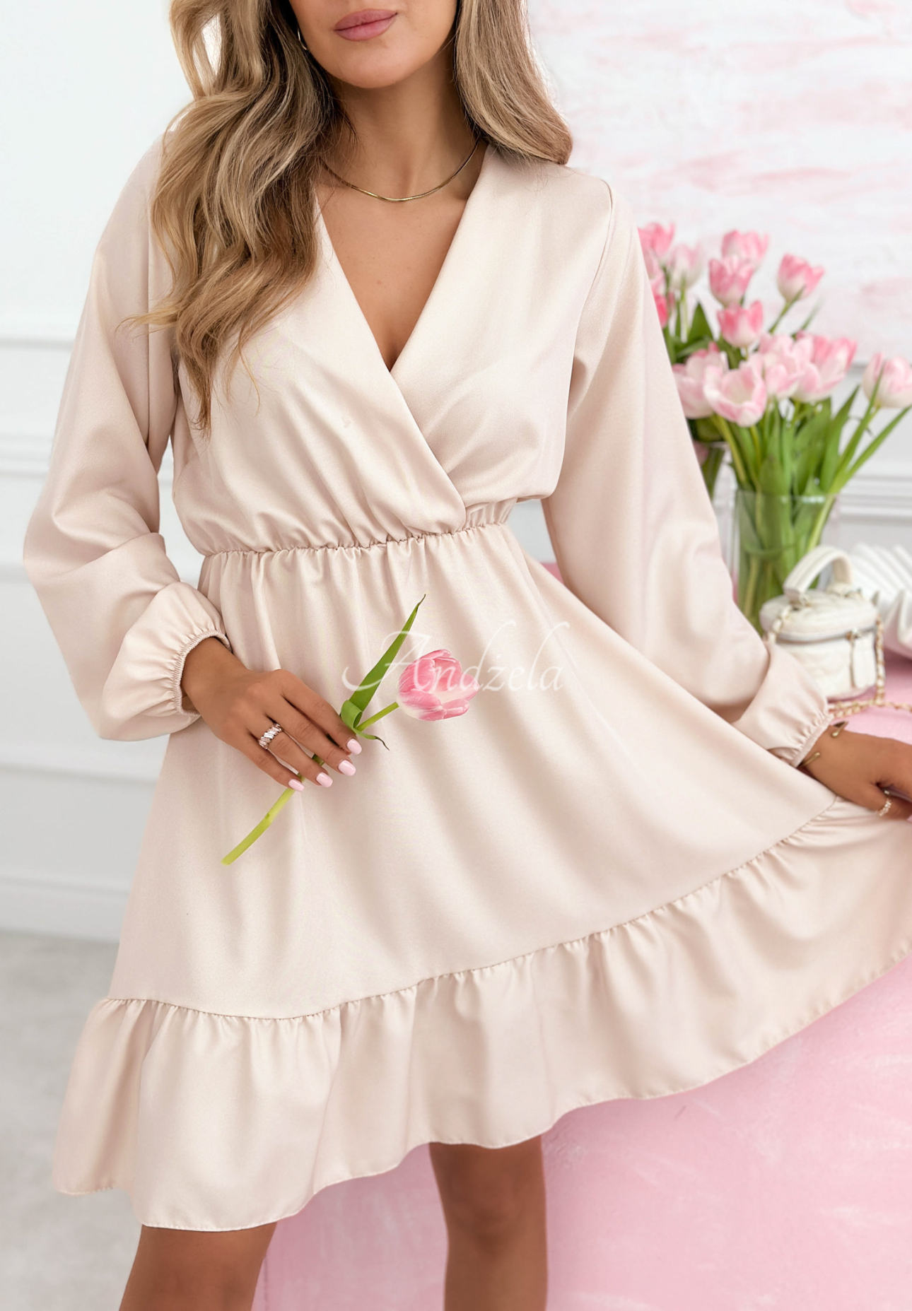 Valentina beige envelope dress with frills and viscose