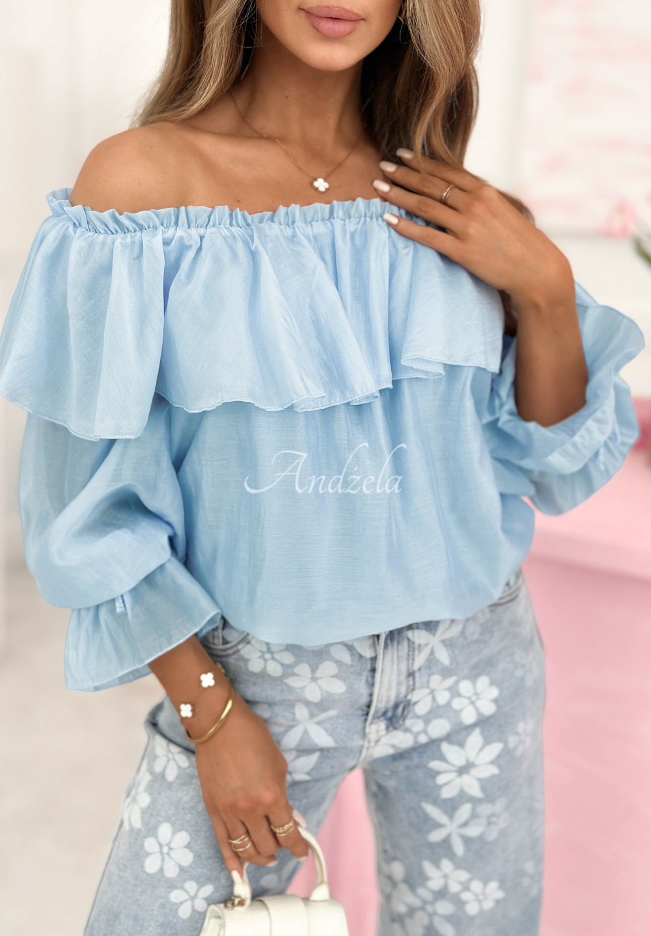 Arlena blue silk off-the-shoulder blouse with frills