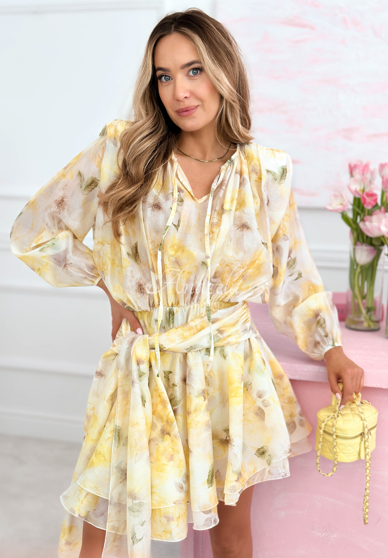 Camilla yellow viscose floral mini dress with frills