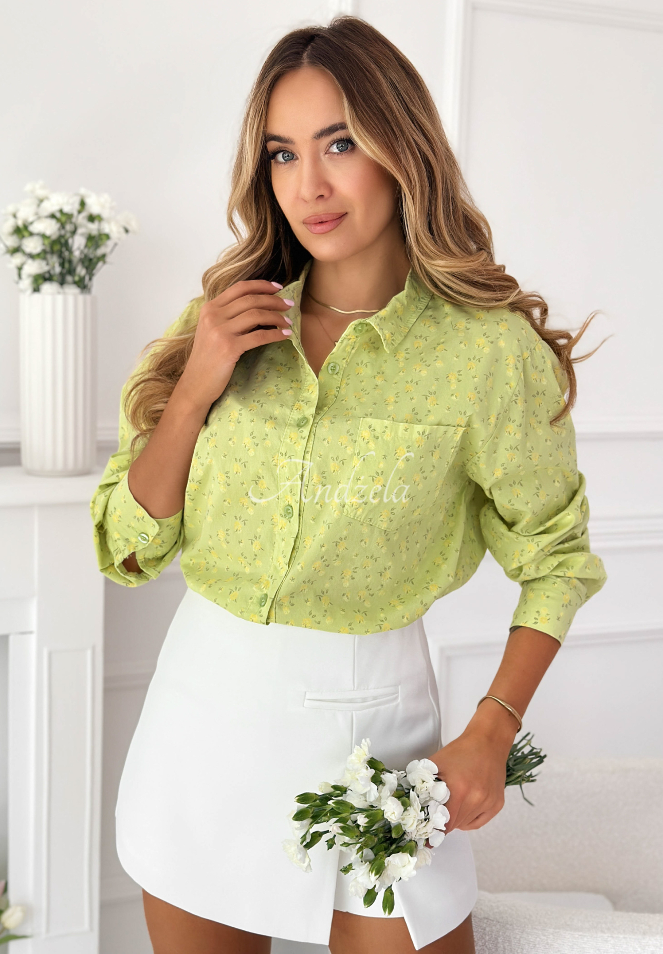 Bawełniana koszula w kwiaty Marbella pistacjowa