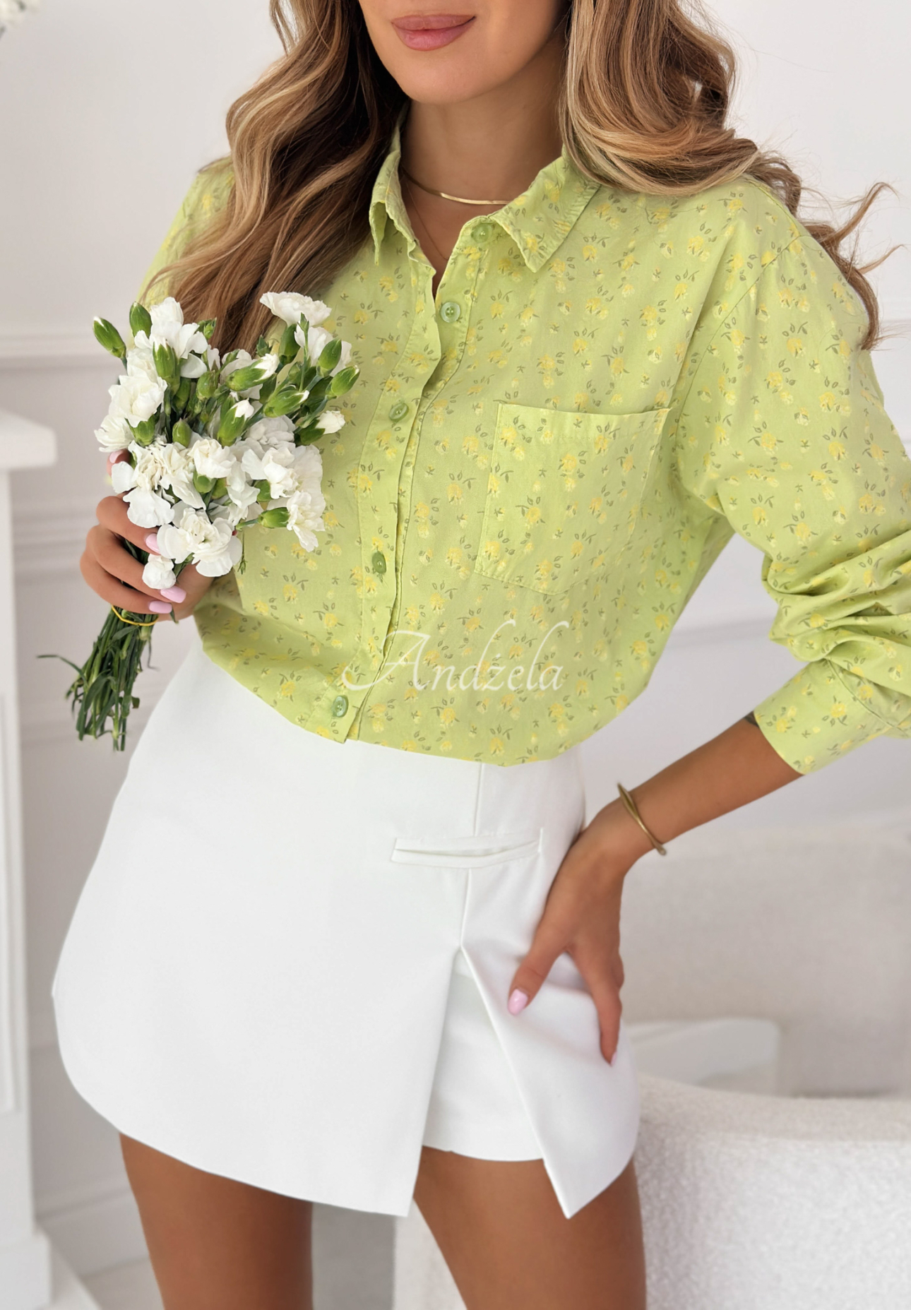 Bawełniana koszula w kwiaty Marbella pistacjowa