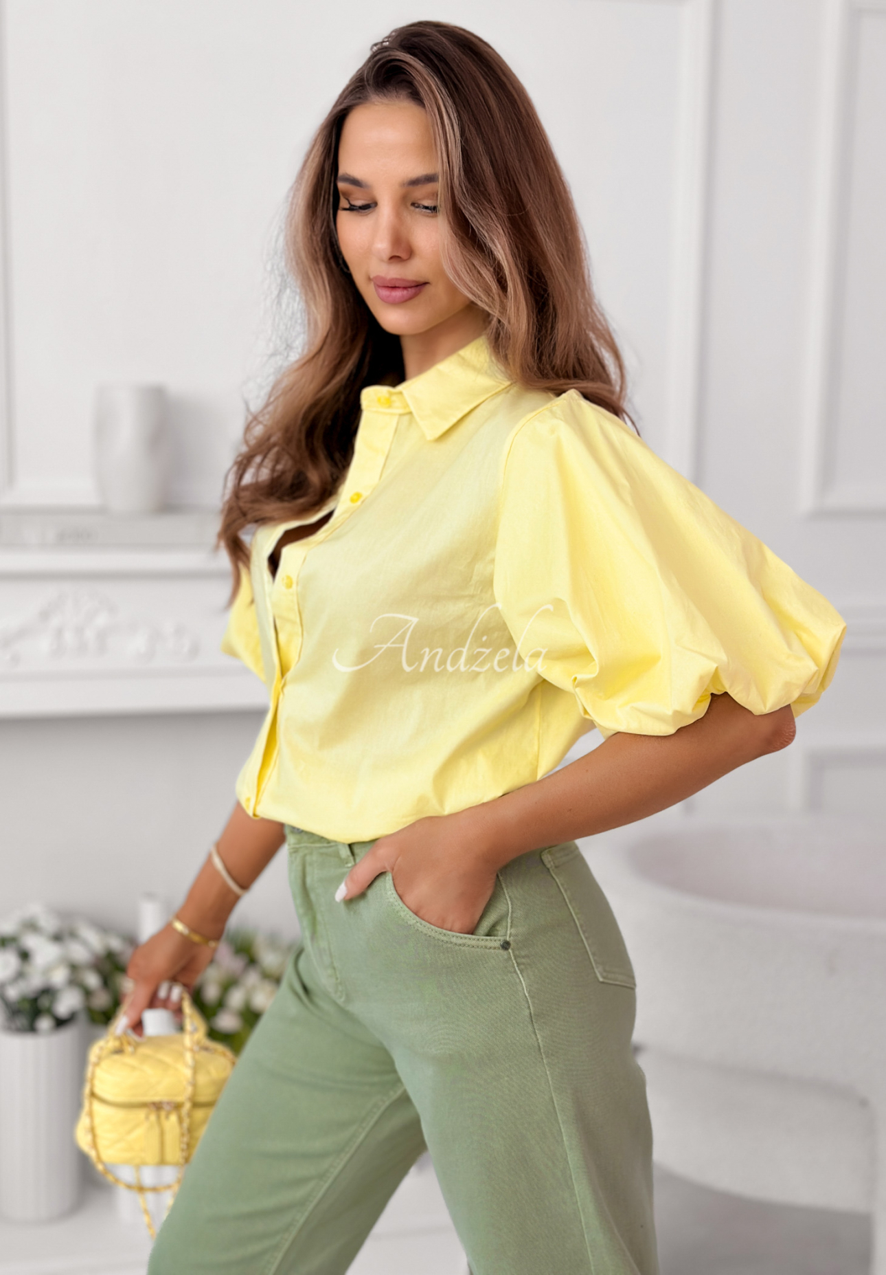 Bawełniana koszula z bufiastymi rękawami Jane żółta
