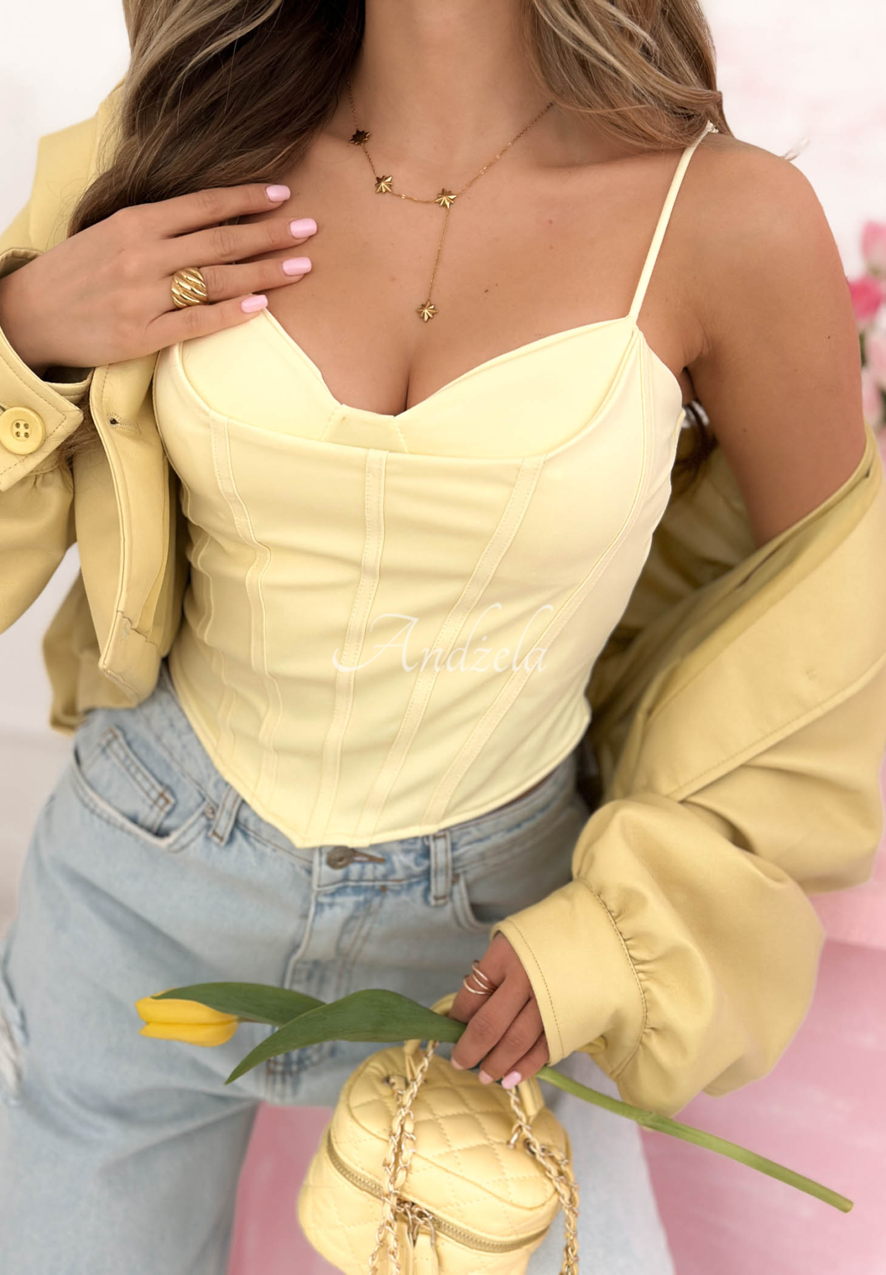 Gorsetowy top z dekoltem Mabel żółty