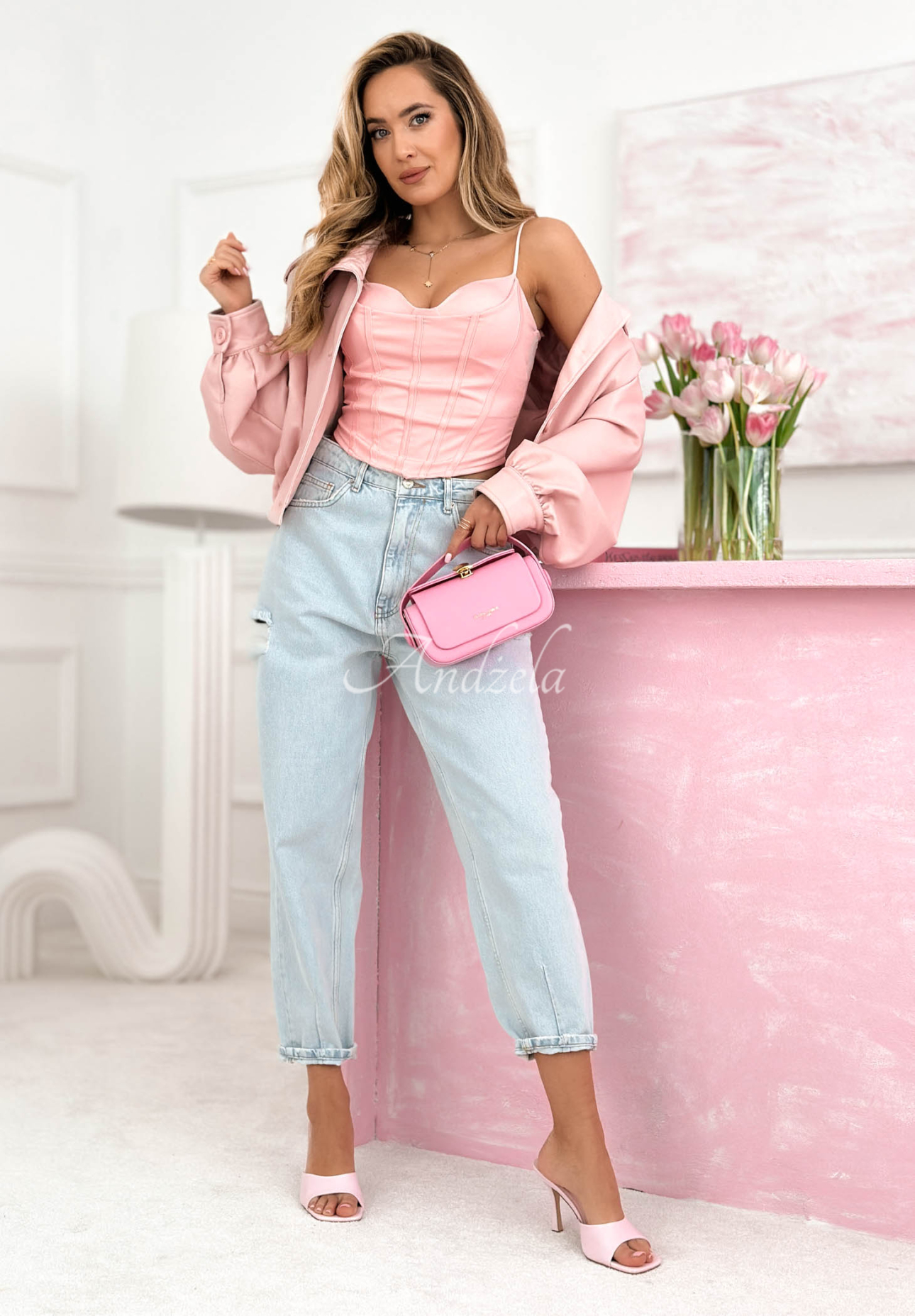 Gorsetowy top z dekoltem Mabel pudrowy róż