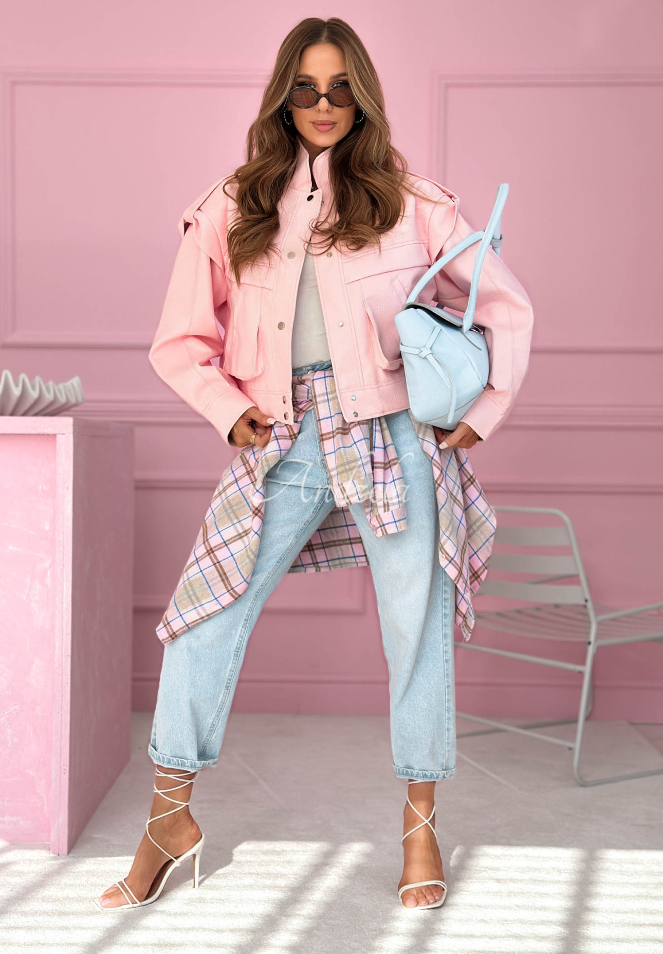 Short leather jacket with Jolie collar, pink