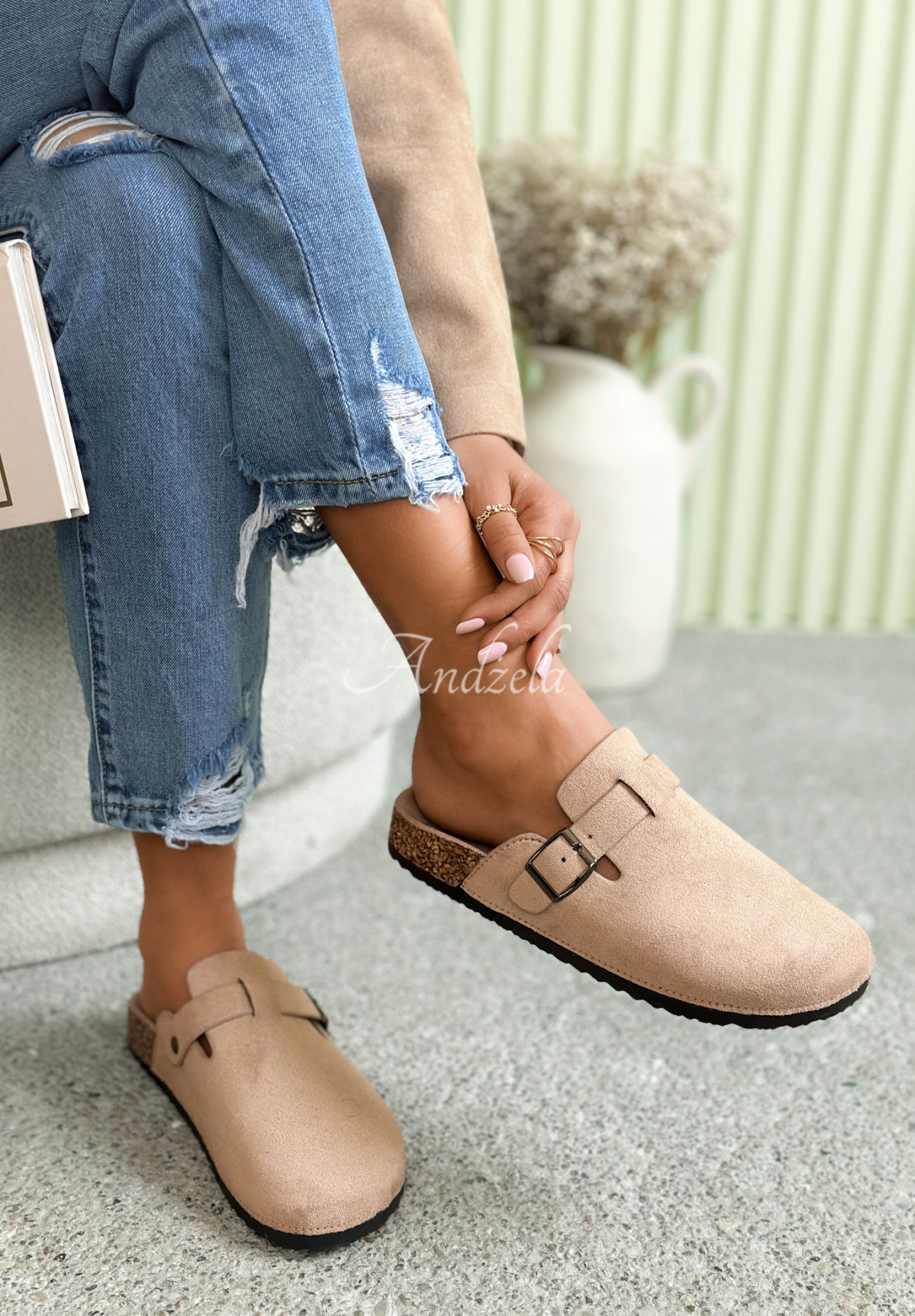 Madison beige suede clogs with strap