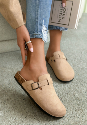 Madison beige suede clogs with strap