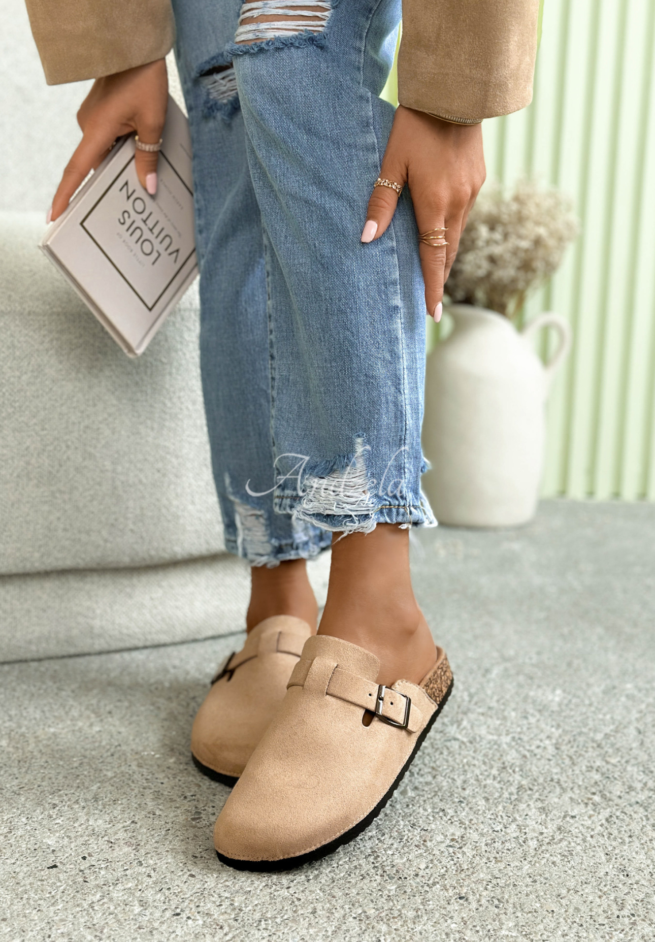 Madison beige suede clogs with strap