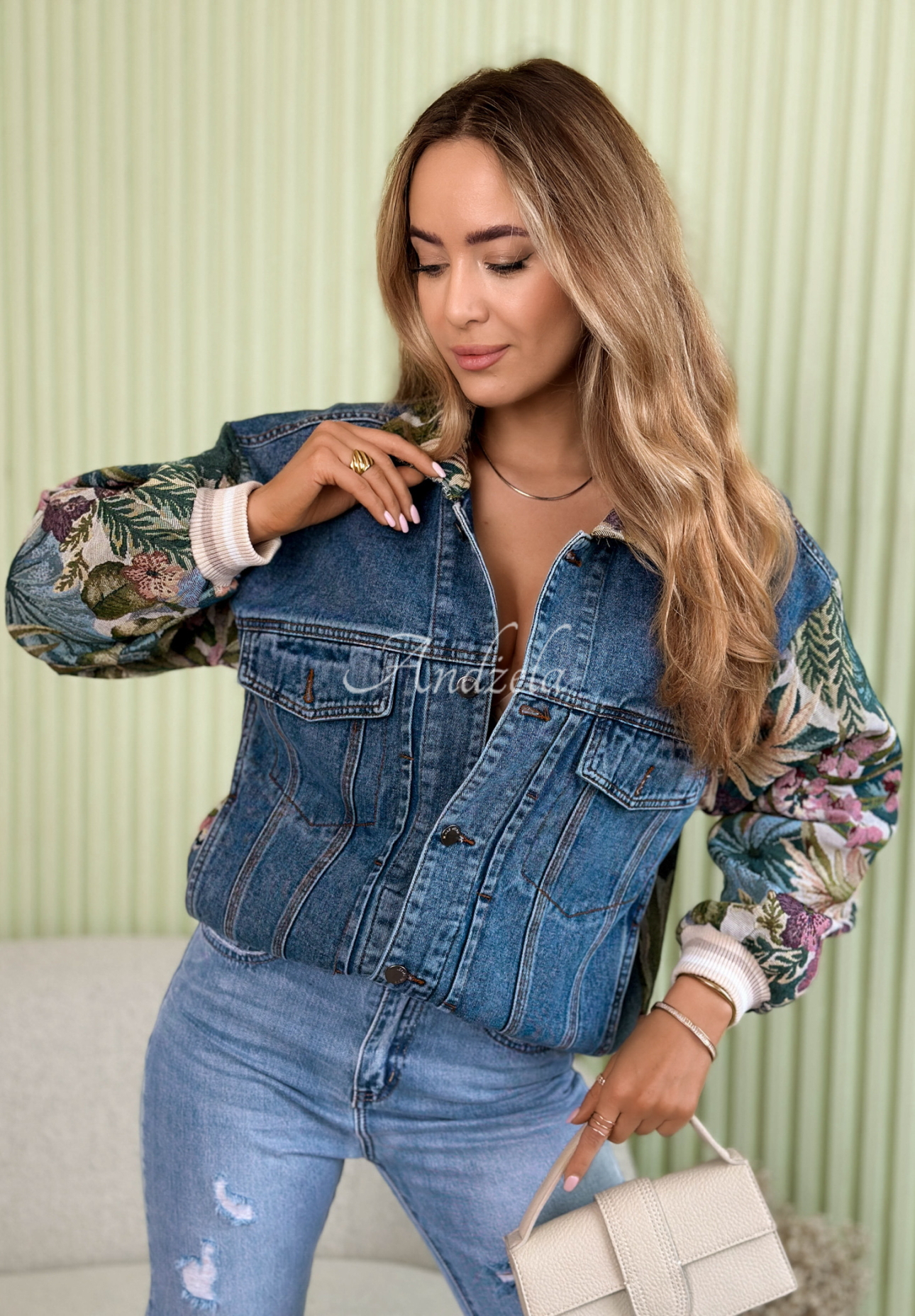 Leah dark blue denim jacket with jacquard inserts