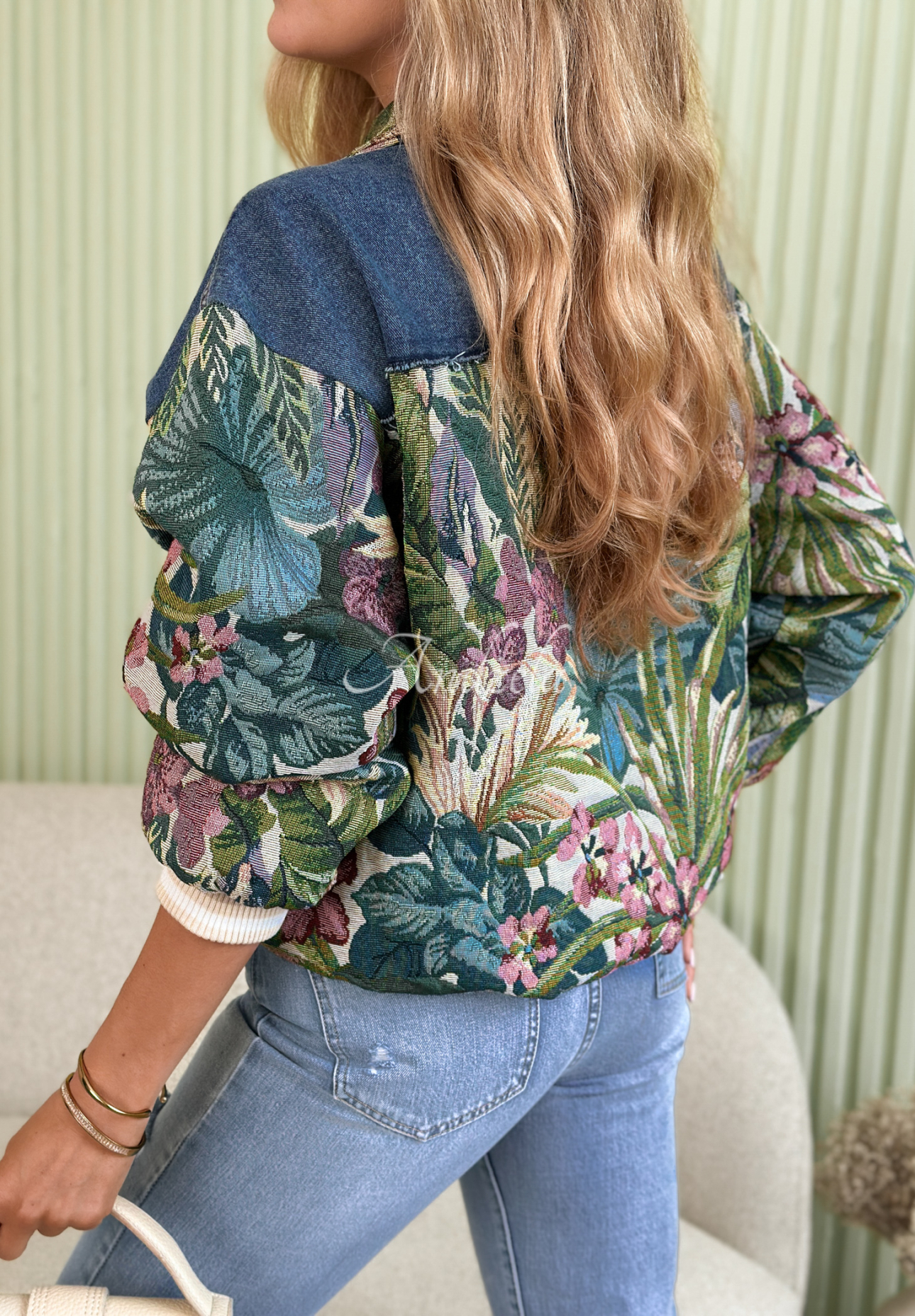 Leah dark blue denim jacket with jacquard inserts