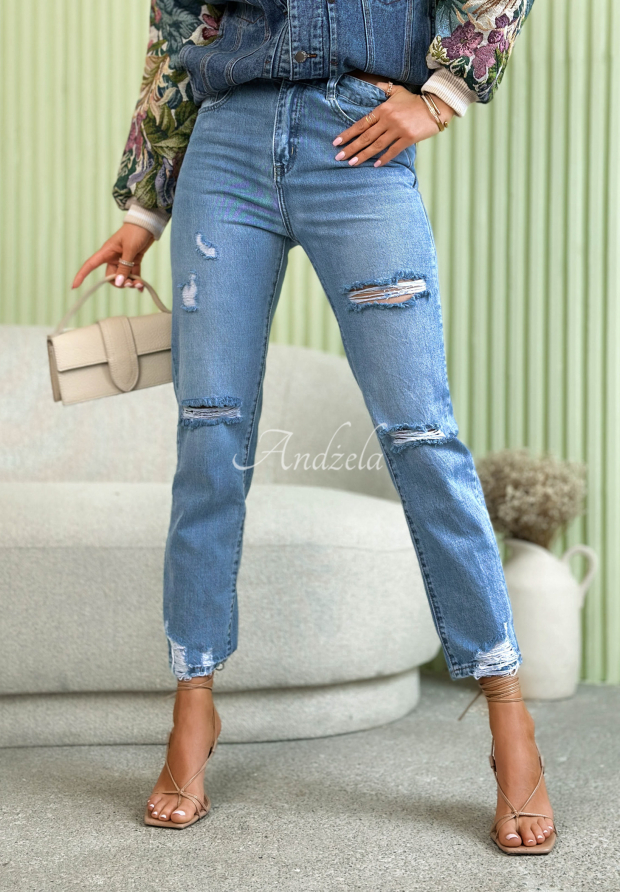 Spodnie jeansowe mom fit z przetarciami Never Too Late niebieskie