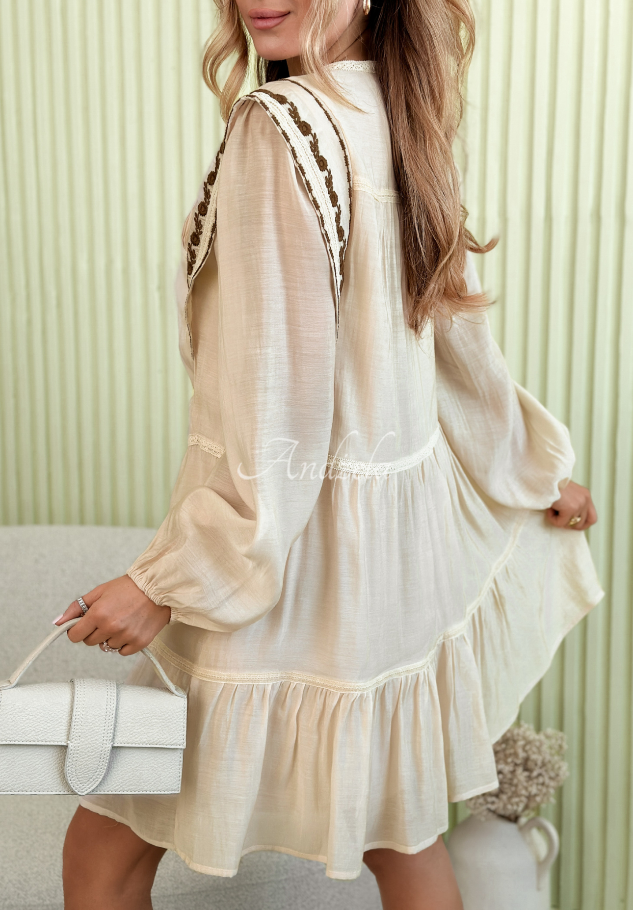 Adrienne beige boho mini dress with ruffles and embroidery