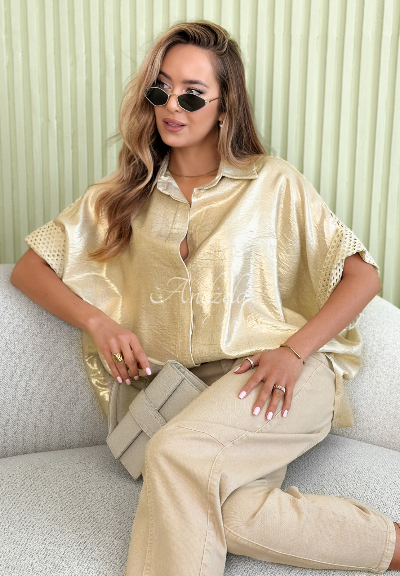 Oversized viscose shirt with openwork elements Celestine gold