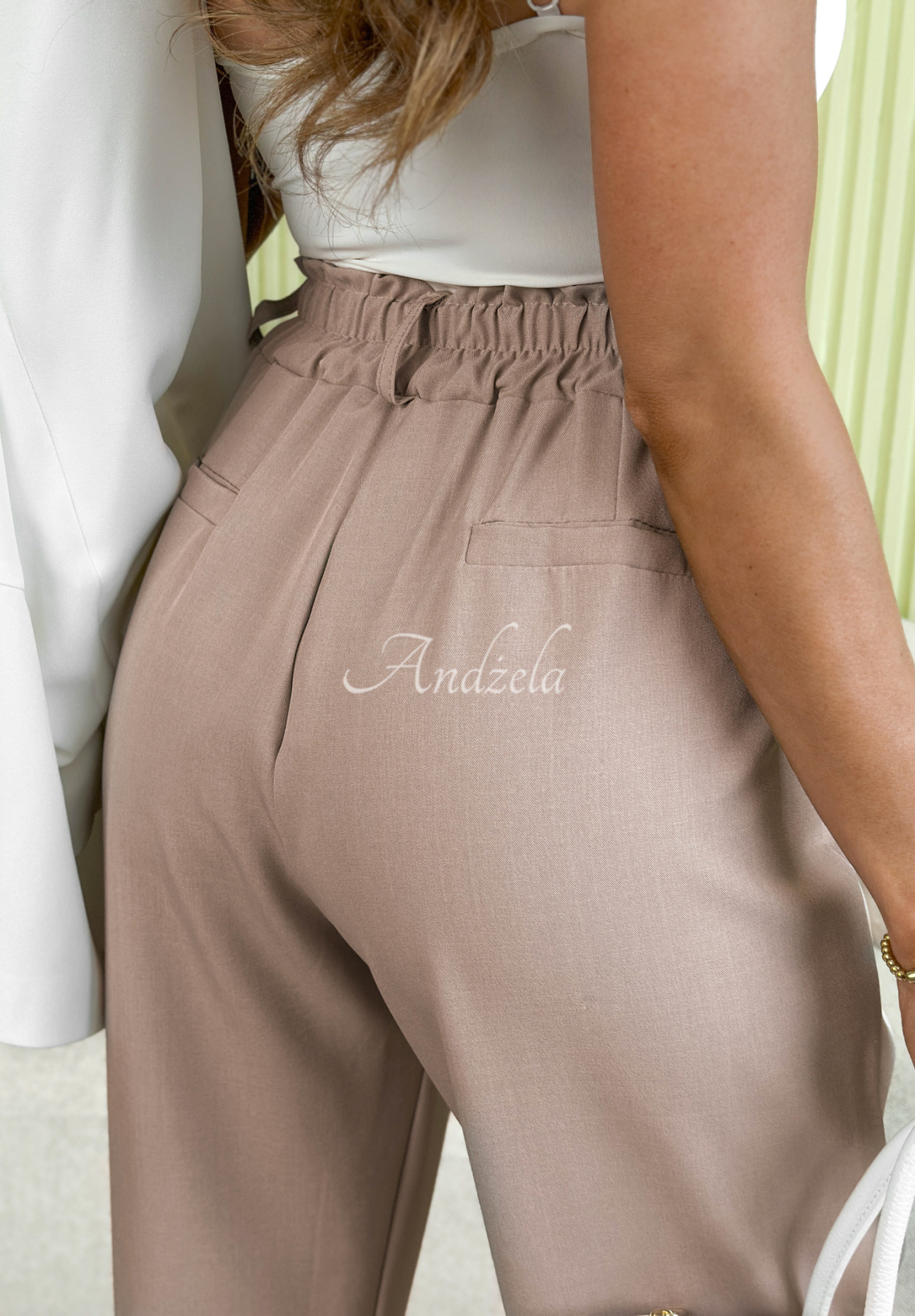 Liora mocha fabric pants with belt and elastic waistband