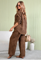 Haftowany komplet koszula i spodnie wide leg Seraphelle mokka