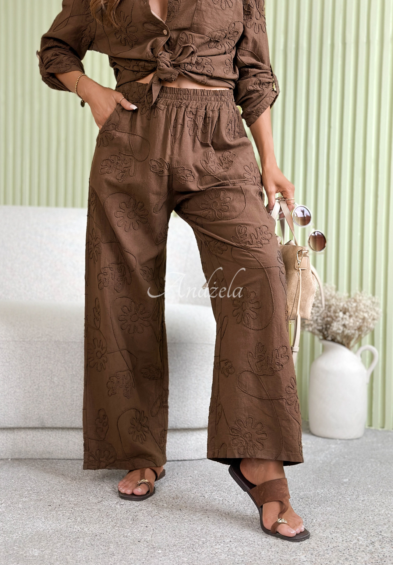 Linen shirt and pants set with Seraphelle embroidery in chocolate brown